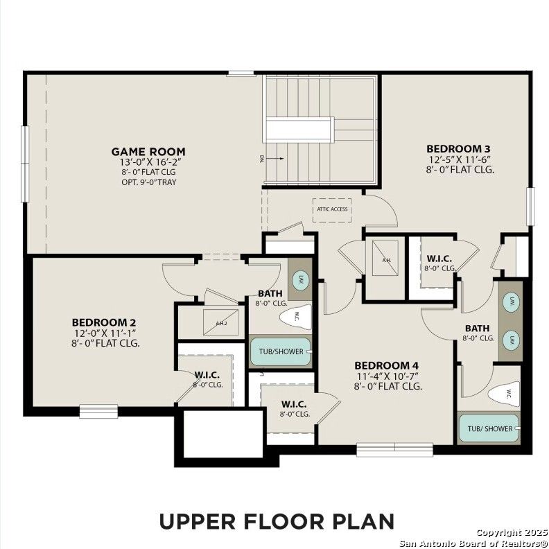 Upper floor plan of The Sequoia A: game room, bedrooms 2-4 with walk-in closets, full baths in Davidson Homes 4-bed Horizon Pointe, Converse TX