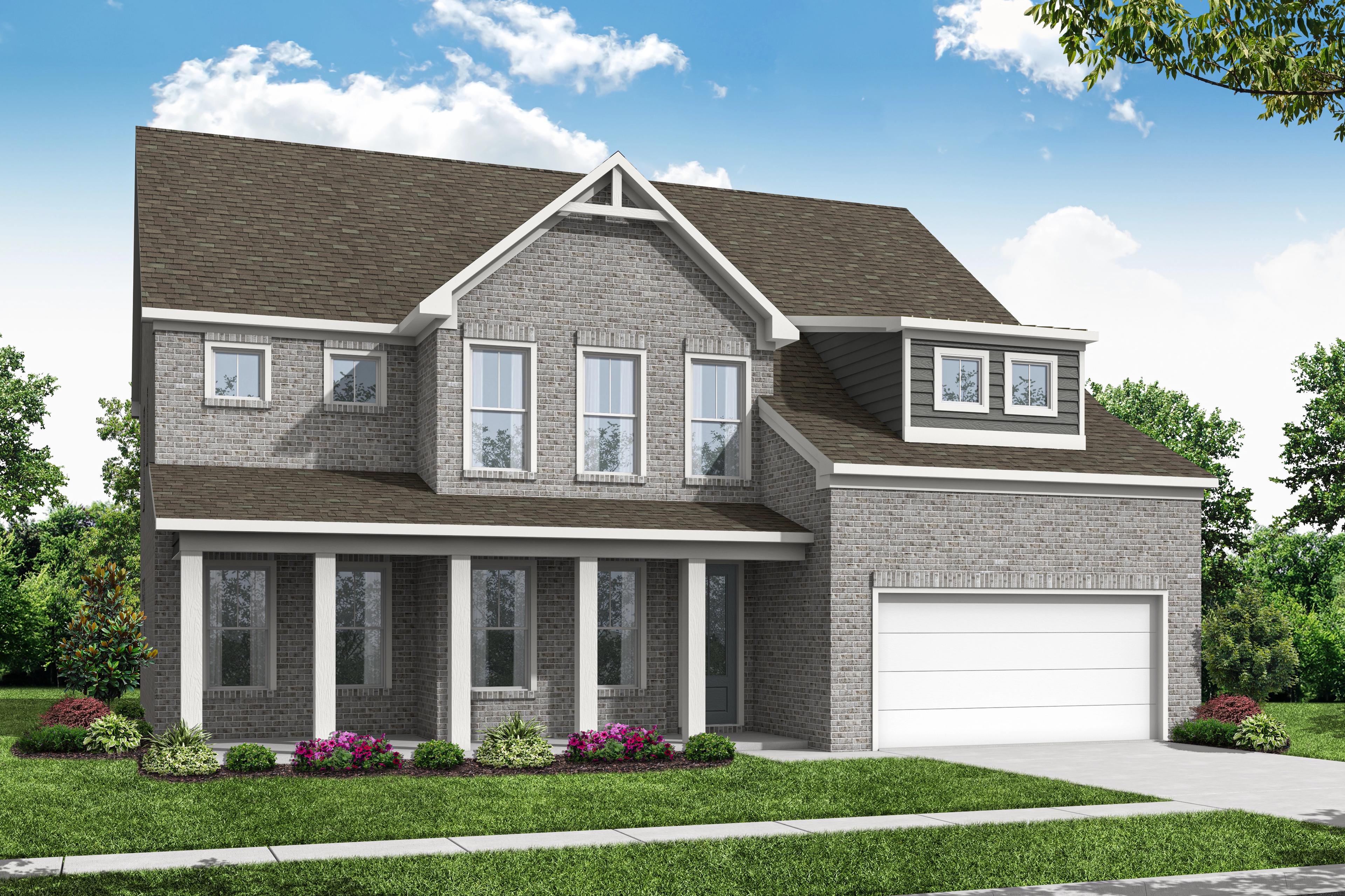 Two-story The Hampton home elevation with gray brick exterior, gabled roof, columned front porch, and two-car garage in Buford, GA