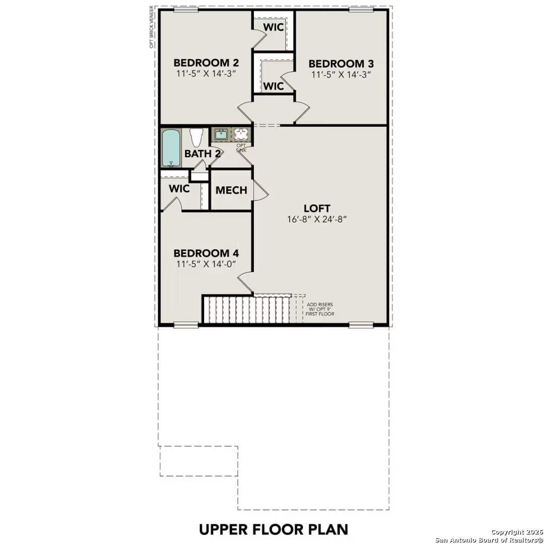 Upper floor plan of The San Marcos F with bedrooms 2-4, loft, baths, and walk-in closets in Davidson Homes, Converse, Texas