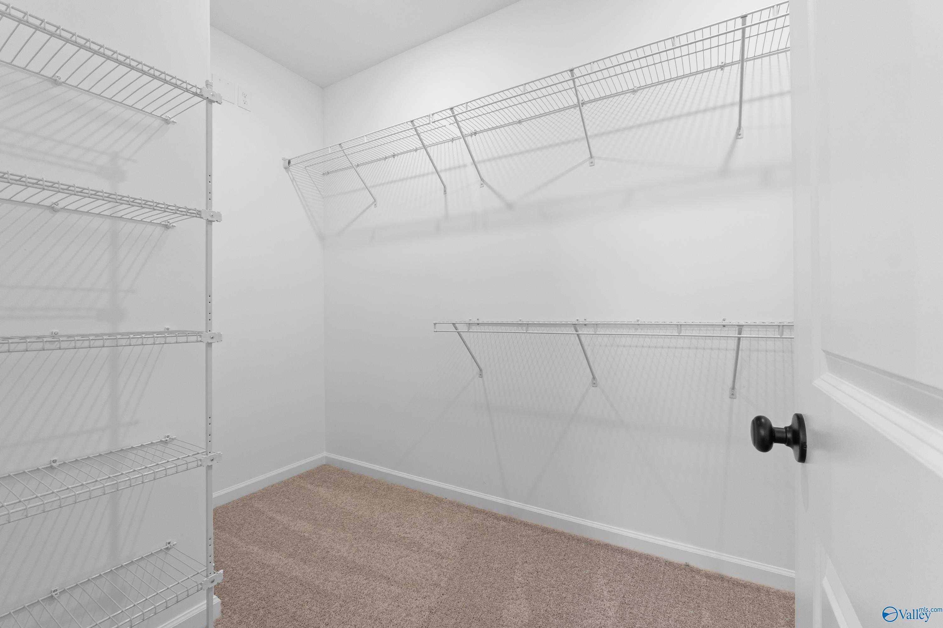 Spacious walk-in closet with wire shelving, white walls, and carpeted floor in Evermore Homes The Nantucket, Madison, Alabama
