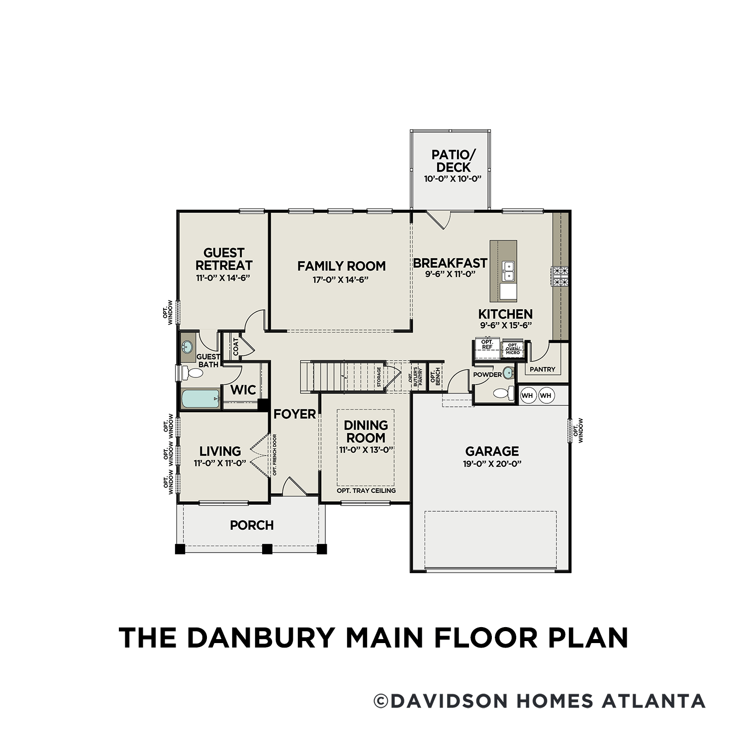 Main floor plan of The Danbury showcasing open-concept living, dining, gourmet kitchen, family room, guest suite, porch, and 2-car garage