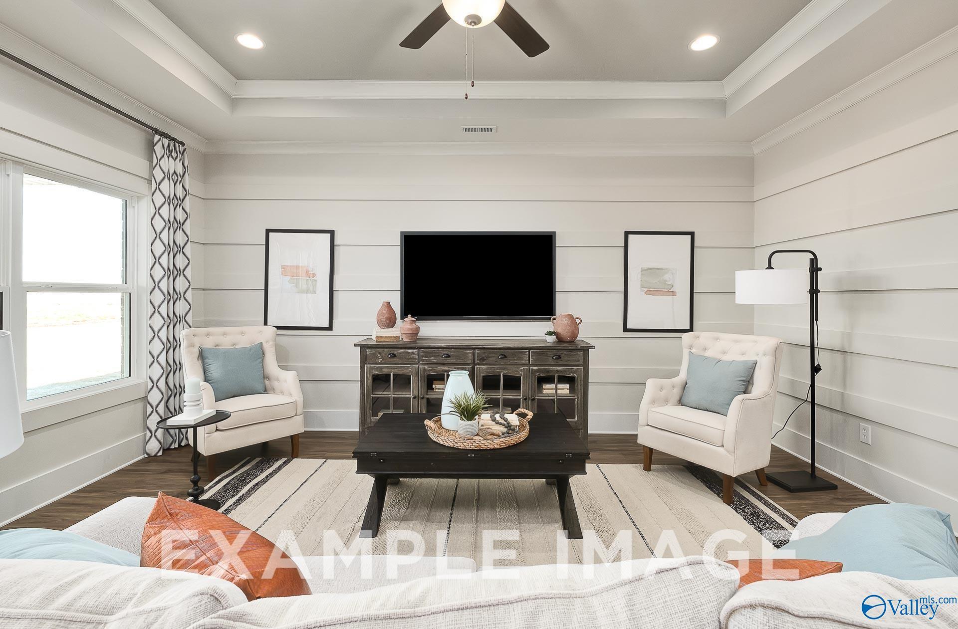 Modern living room with shiplap walls and tray ceiling in The Everett B floor plan at The Meadows, Athens, Alabama.