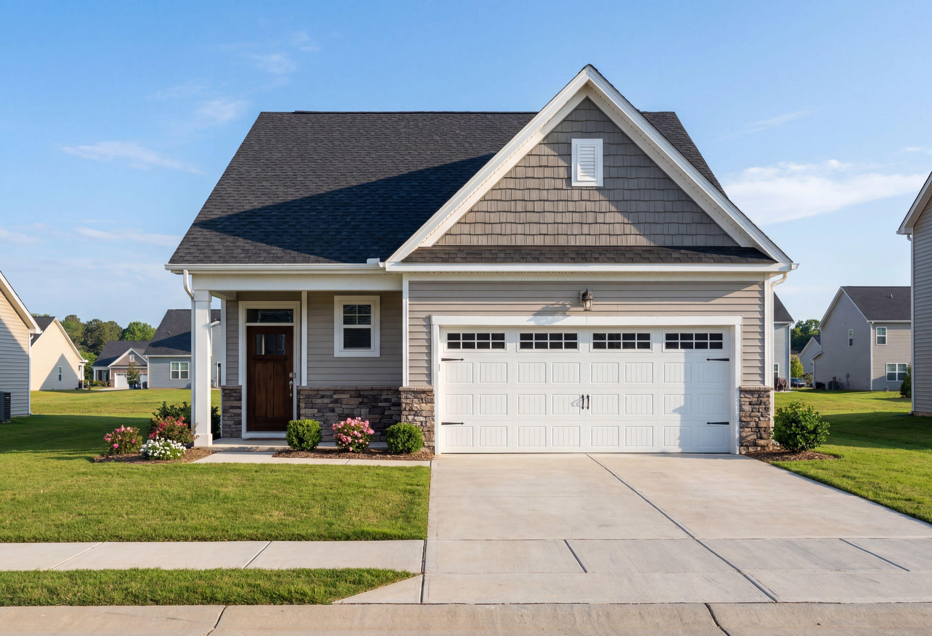 Modern single-story Carter A home exterior featuring gray siding, black shingle roof, covered porch, 2-car garage, and landscaped front yard