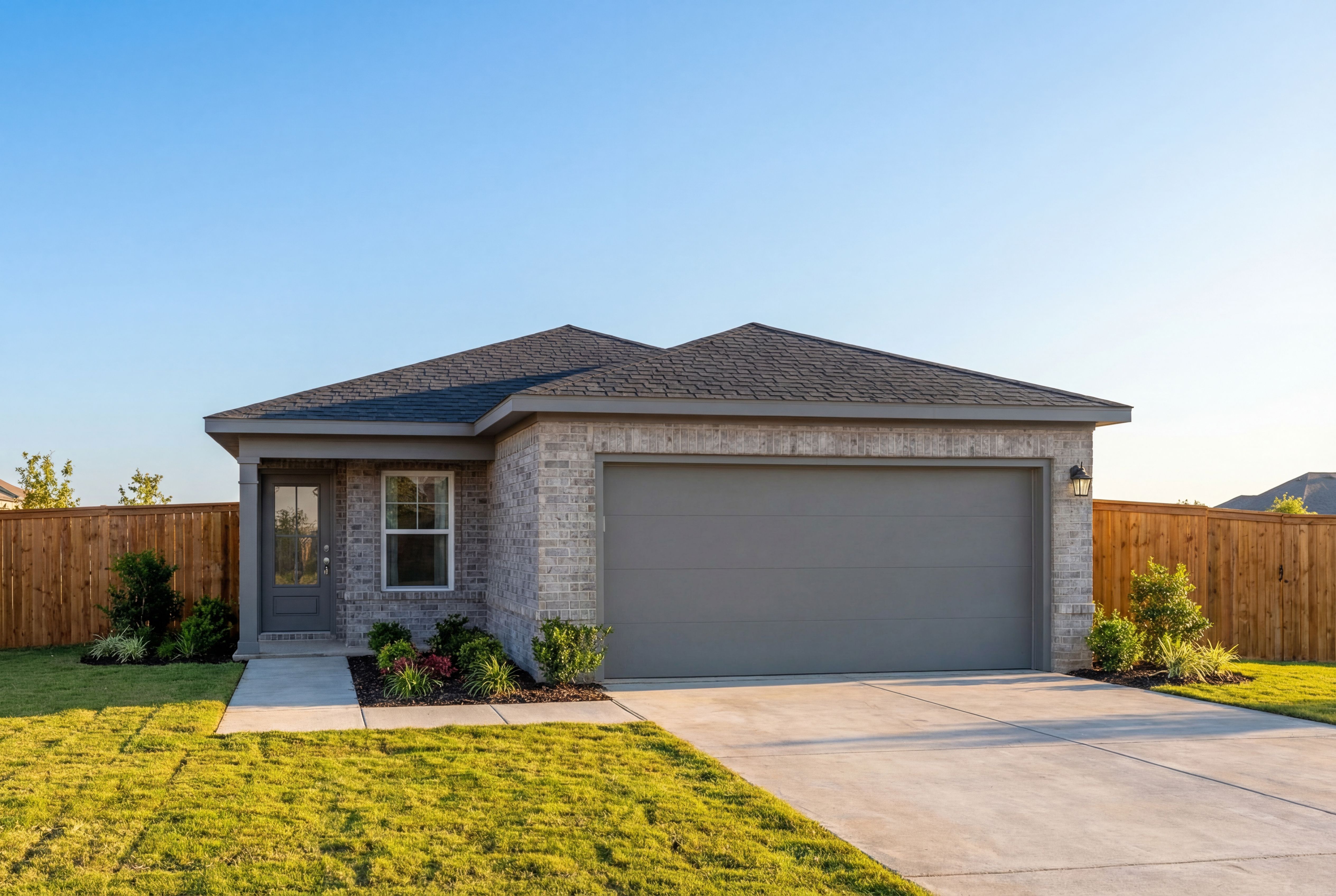 Front elevation of The Colorado 4-bedroom single-story home with brick facade, gray two-car garage, gabled roof, and landscaped yard