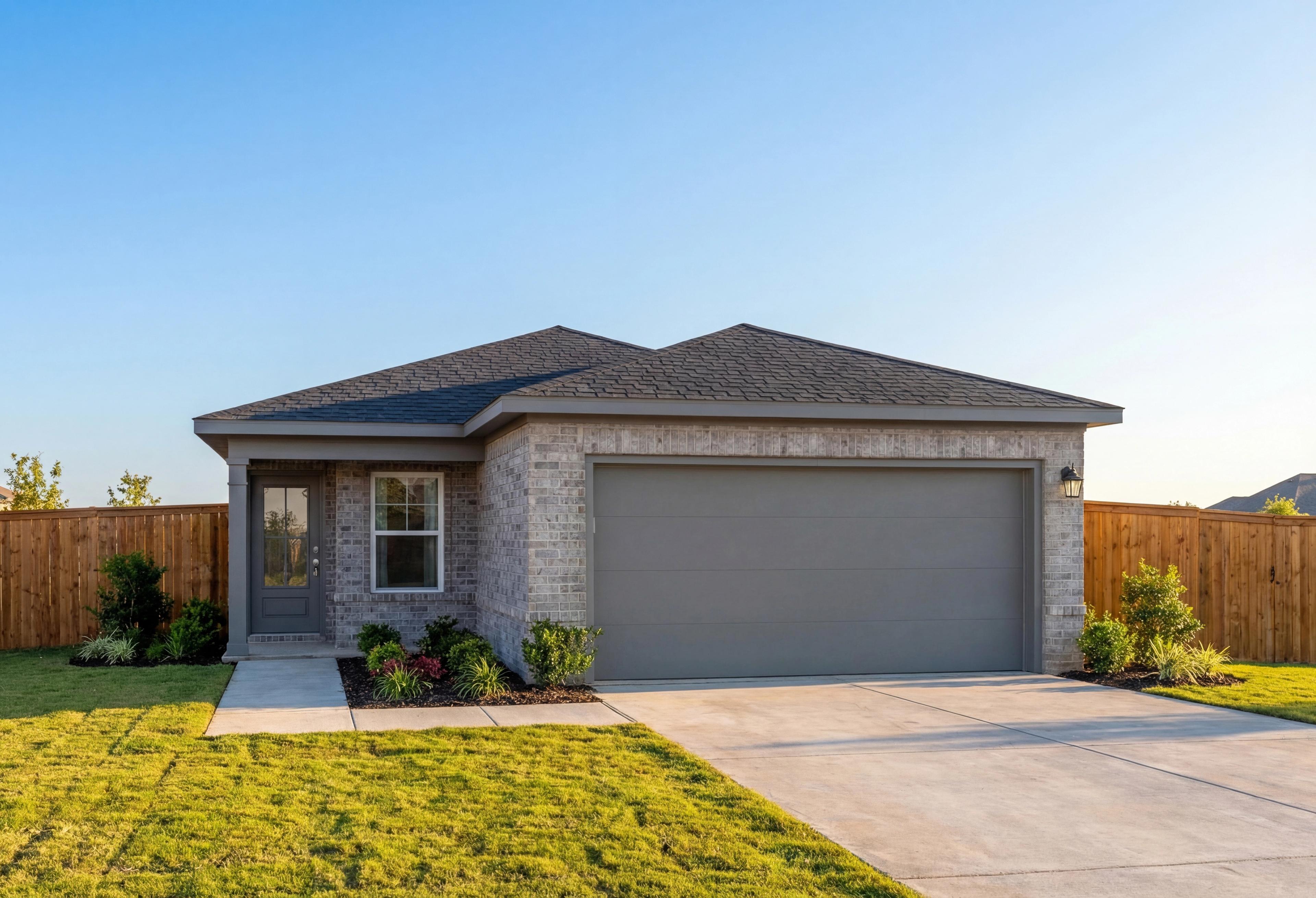 Front elevation of The Colorado 4-bedroom single-story home with brick facade, gray two-car garage, gabled roof, and landscaped yard