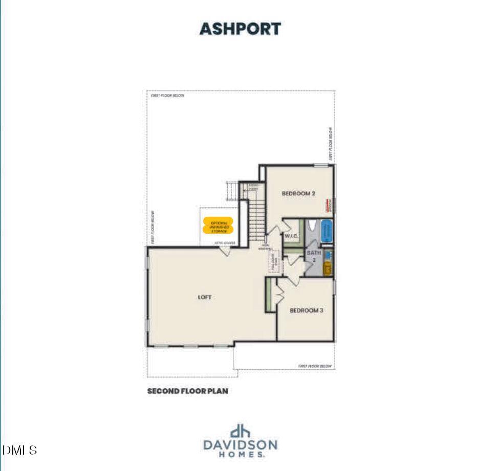 Second floor plan of Ashport L home with loft, Bedroom 2, en-suite bath, Bedroom 3 in Davidson Homes, Wake Forest NC
