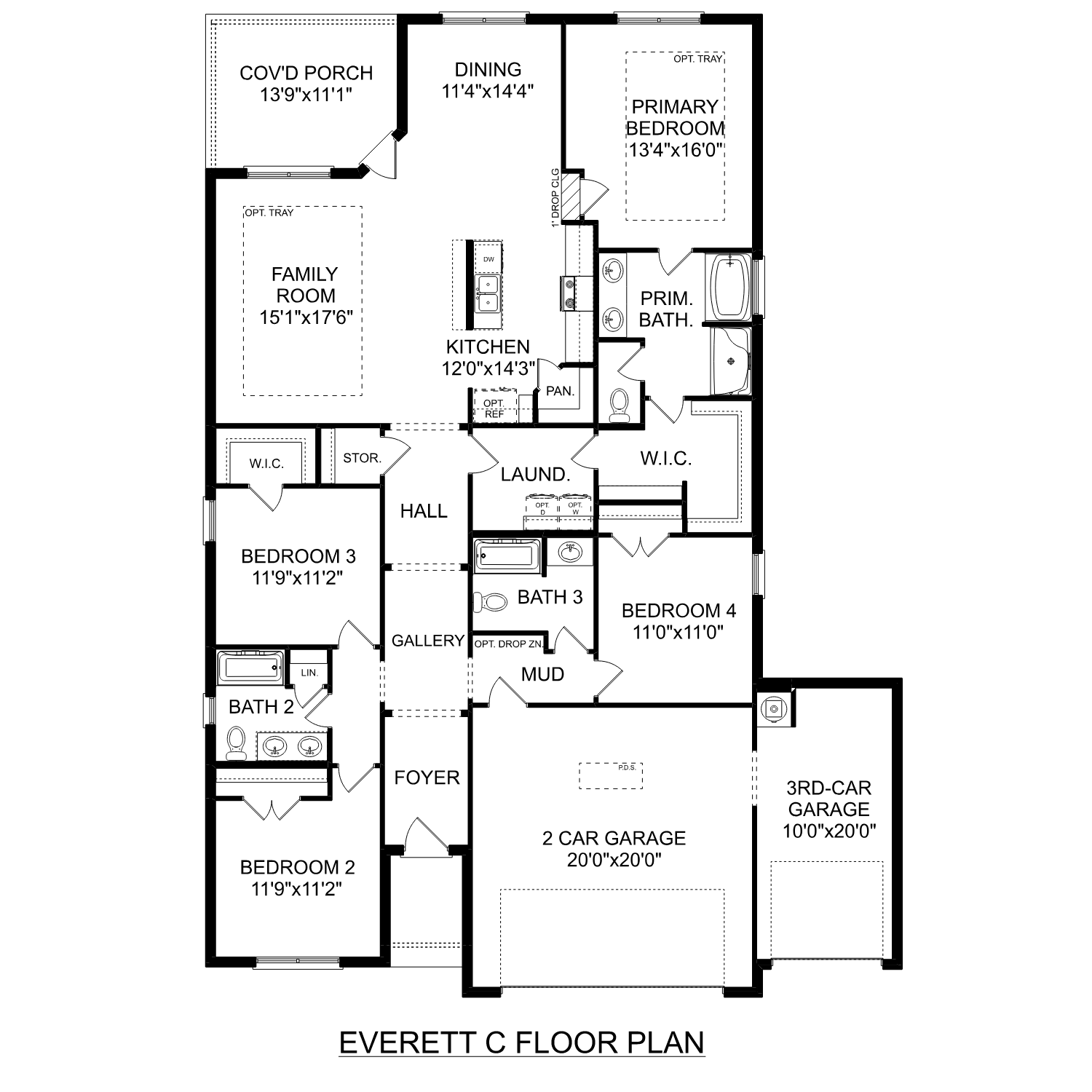 Everett C floor plan with 3-4 bedrooms, 3 baths, open kitchen, primary suite, family room, and 3-car garage in 2,136 sq ft single-story design