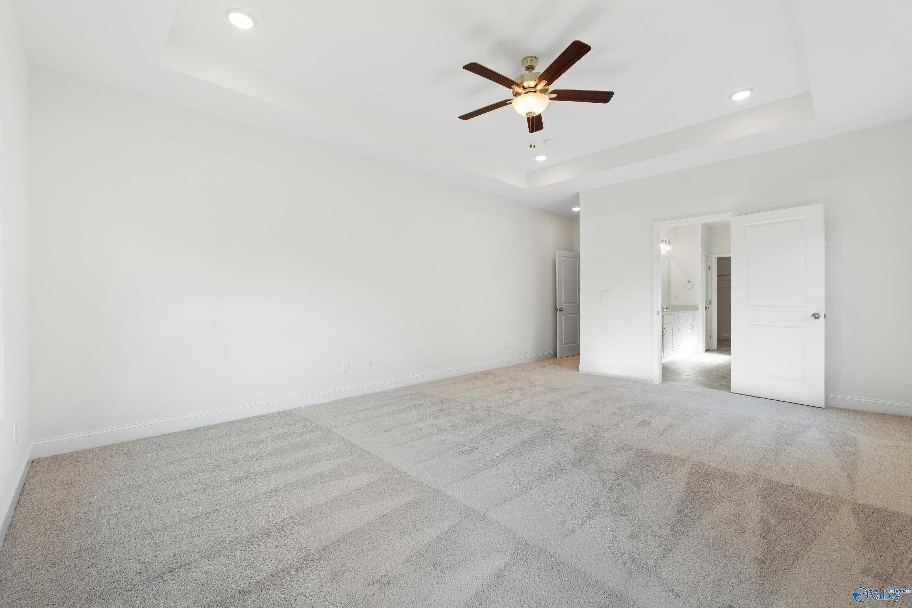 Spacious master bedroom with tray ceiling, ceiling fan, and en-suite bath access in Davidson Homes The Oxford, Harvest AL