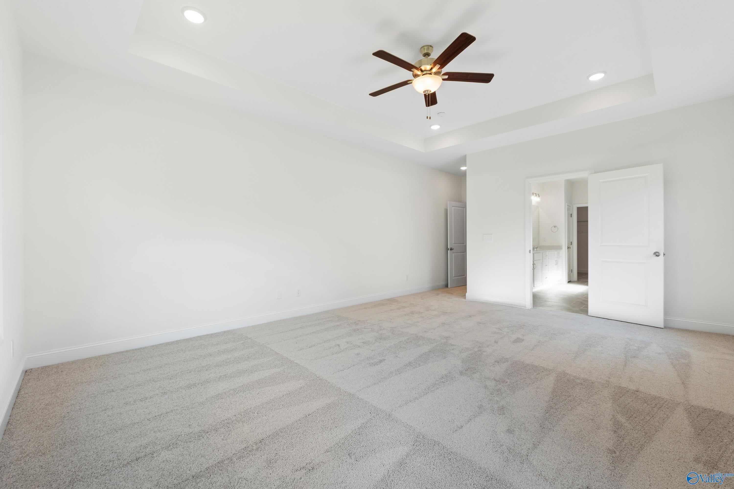 Spacious master bedroom with tray ceiling, ceiling fan, and en-suite bath access in Davidson Homes The Oxford, Harvest AL