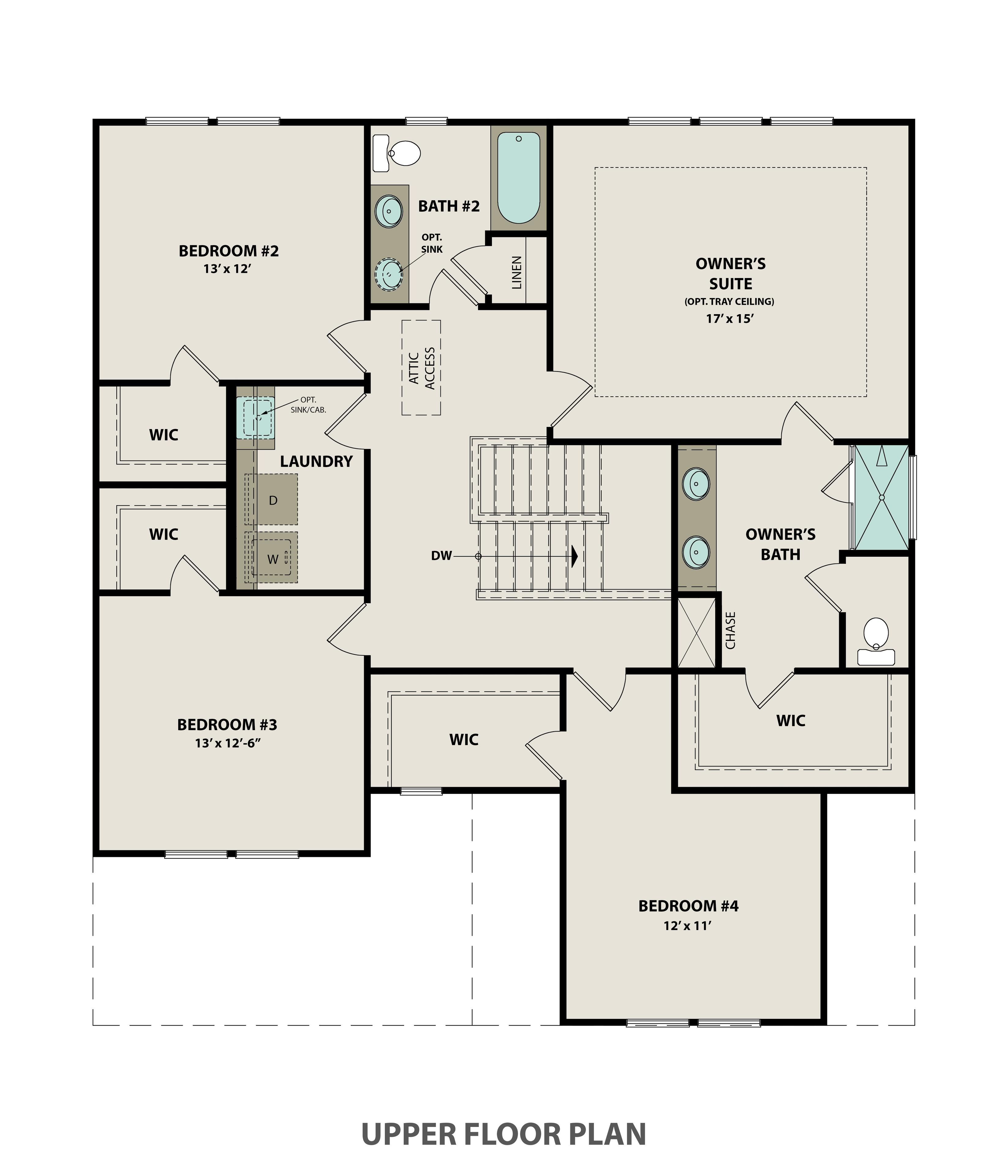 Upper floor plan of The Willow home design featuring an owner's suite, three additional bedrooms, and a laundry room.