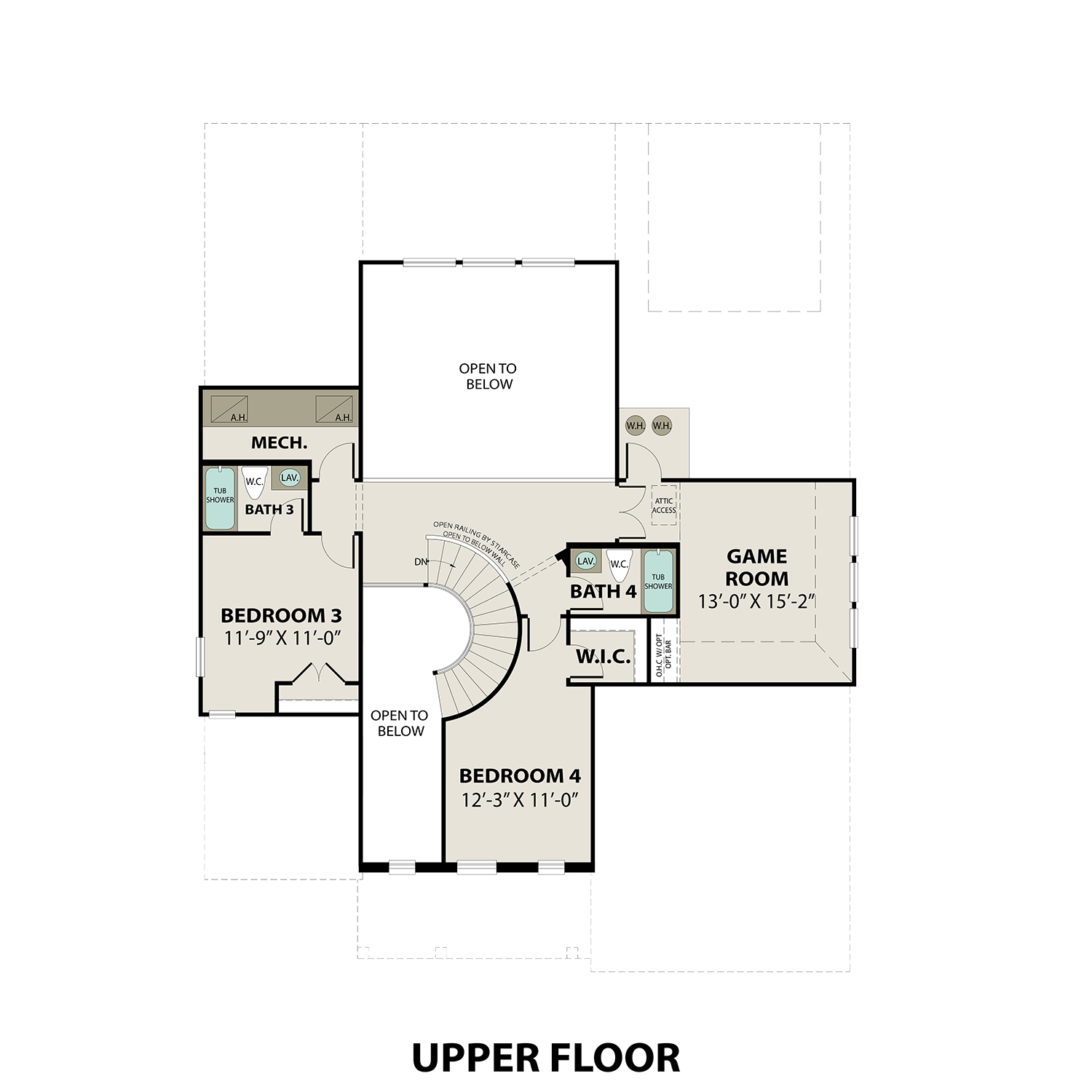 Second floor plan of The Victoria B showcasing bedrooms 3 and 4, baths, game room, curved staircase, and open overlook