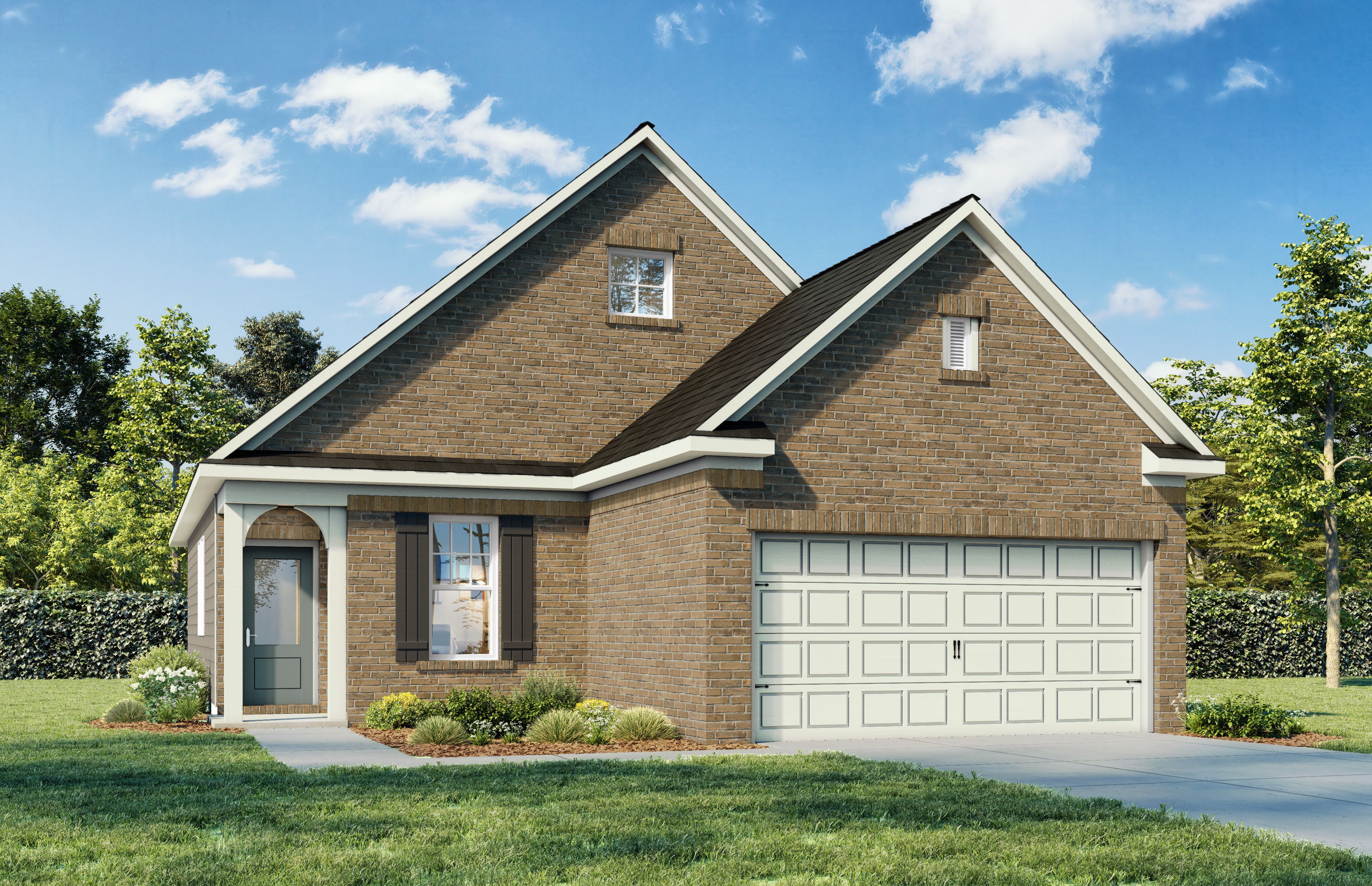 Charming brick single-story home The Azure E with gabled roof, 2-car garage, arched front porch, and lush landscaping in Crosby Texas