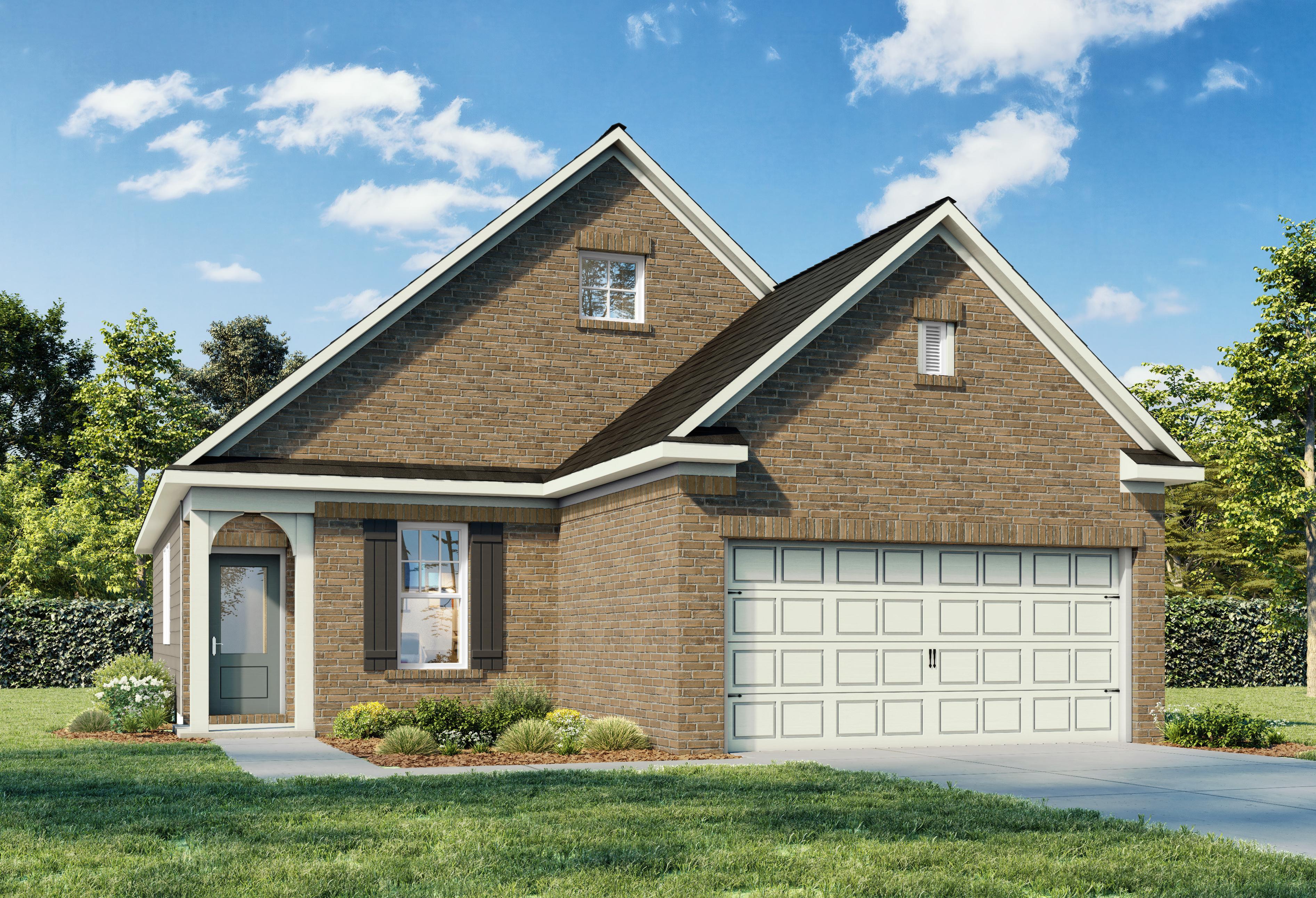 Charming brick single-story home The Azure E with gabled roof, 2-car garage, arched front porch, and lush landscaping in Crosby Texas