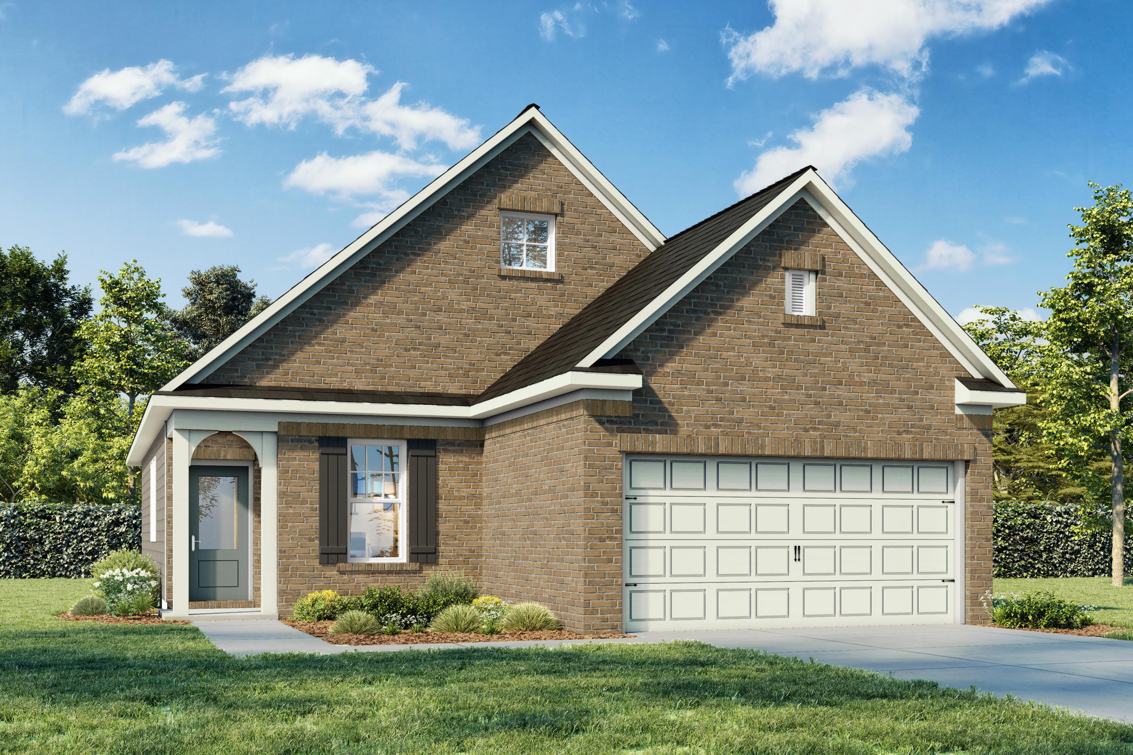 Charming brick single-story home The Azure E with gabled roof, 2-car garage, arched front porch, and lush landscaping in Crosby Texas