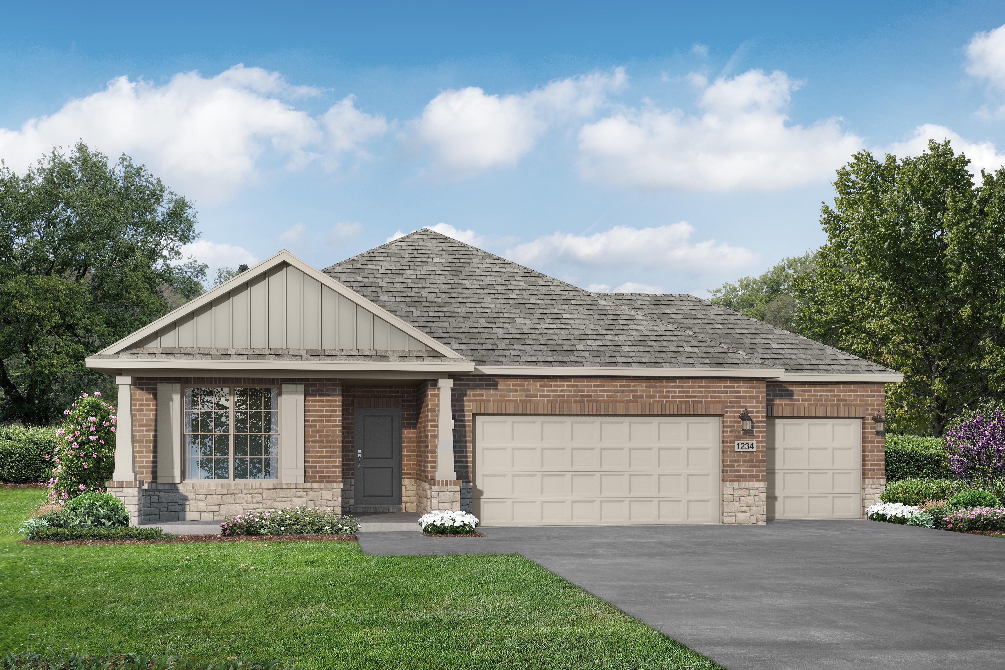 Modern single-story Everett D home elevation with brick siding, gabled roof, covered porch, 3-car garage, and landscaped front yard in Josephine, Texas