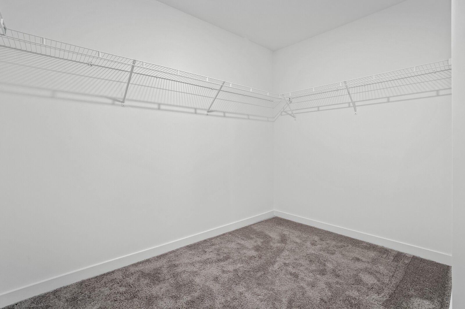 Spacious walk-in closet with wire shelving, white walls, and gray carpet in Davidson Homes The Logan B, Calista Farms