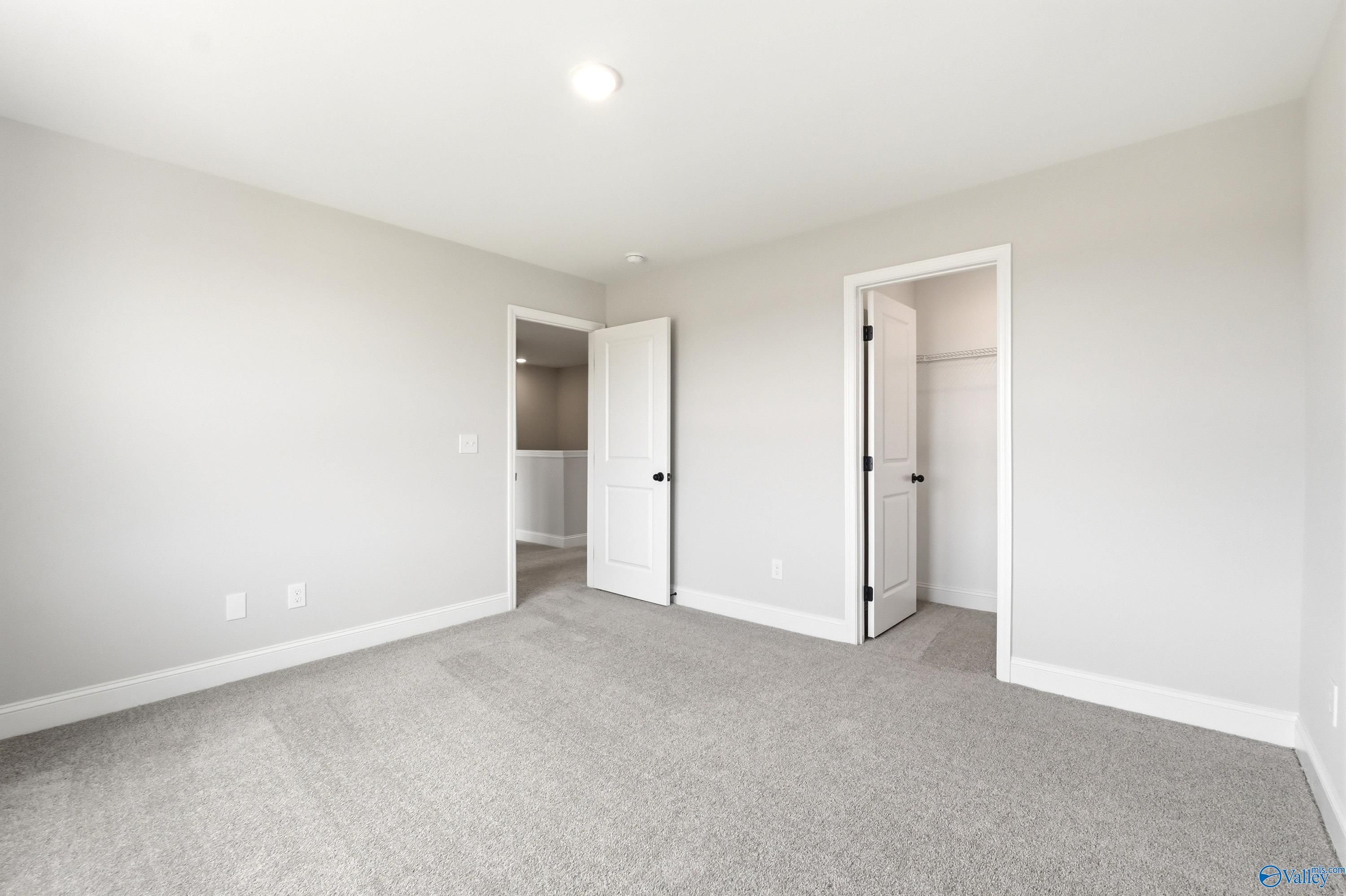 Bright, spacious bedroom with neutral carpet and walk-in closet in The Shelby A floor plan at Clearview, Hazel Green, AL.