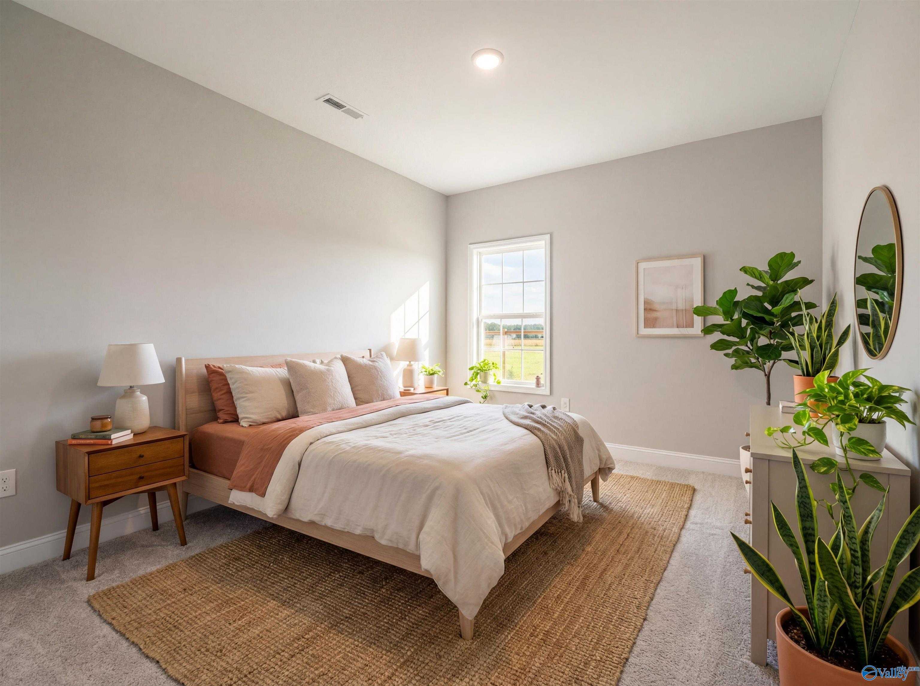 Serene bedroom with beige bedding, potted plants, jute rug, and natural light in Davidson Homes The Finleigh, Toney, Alabama