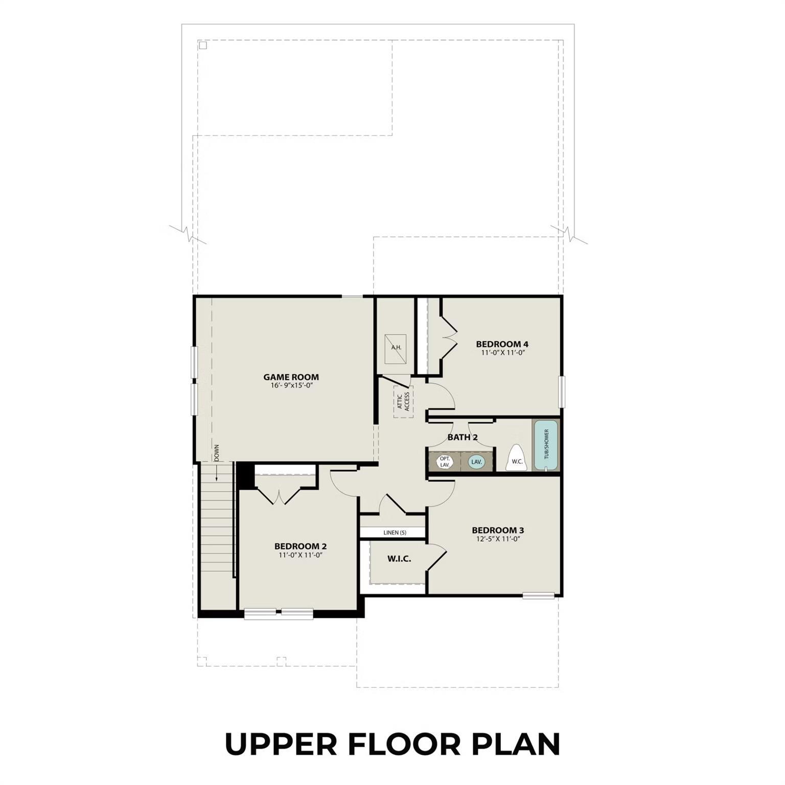 Upper floor plan of The Tierra B: bedrooms 2-4, game room, bath 2 in 4-bedroom Davidson Homes, Emberly, Beasley, Texas