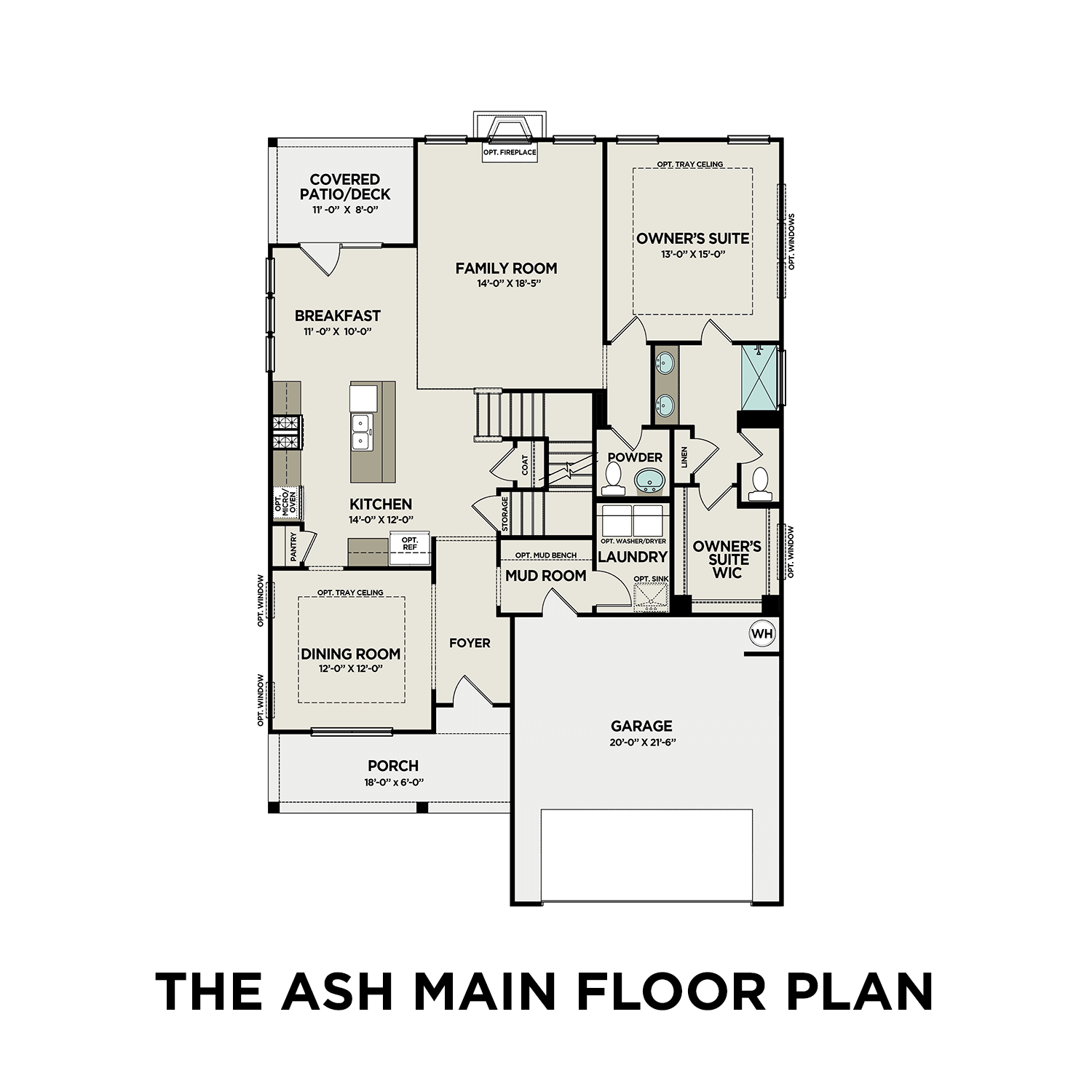 The Ash main floor plan by Davidson Homes: open kitchen, breakfast nook, family room, owner's suite, 2-car garage, Mt. Juliet TN