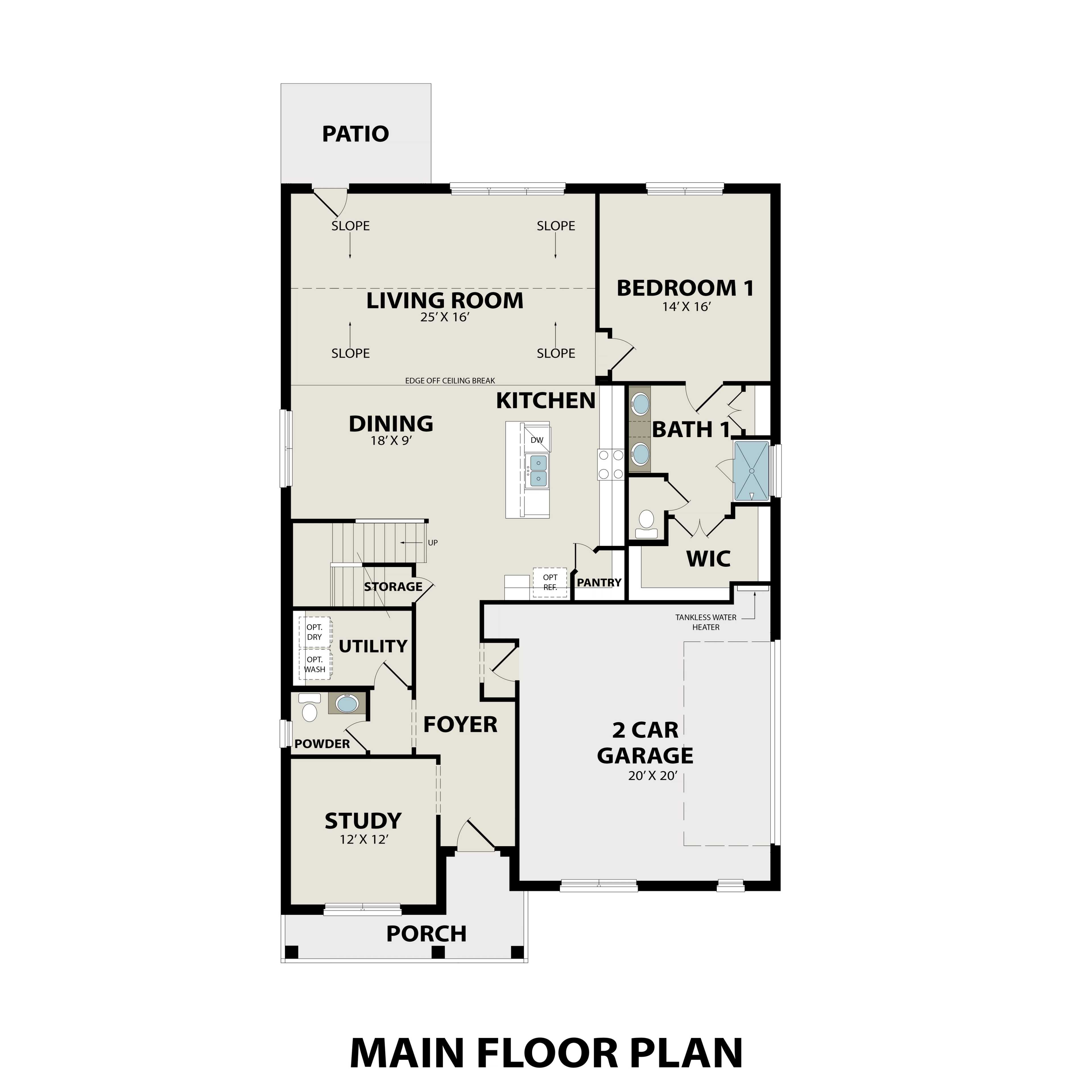 Main floor plan of The Ridgeport showcasing master suite, open kitchen, living room, dining area, study, 2-car garage
