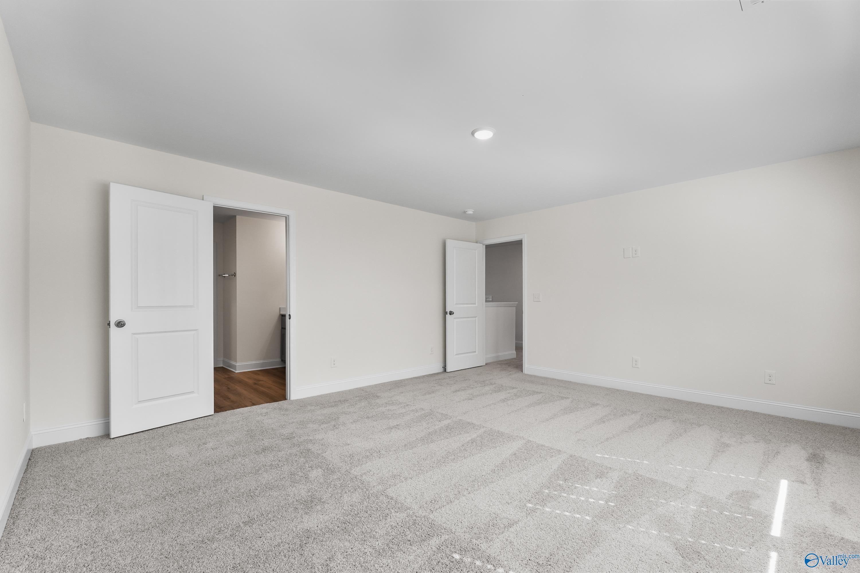 Bright bedroom with beige walls, gray carpet, and open doors to en-suite bath in Davidson Homes The Shelby A, Athens AL