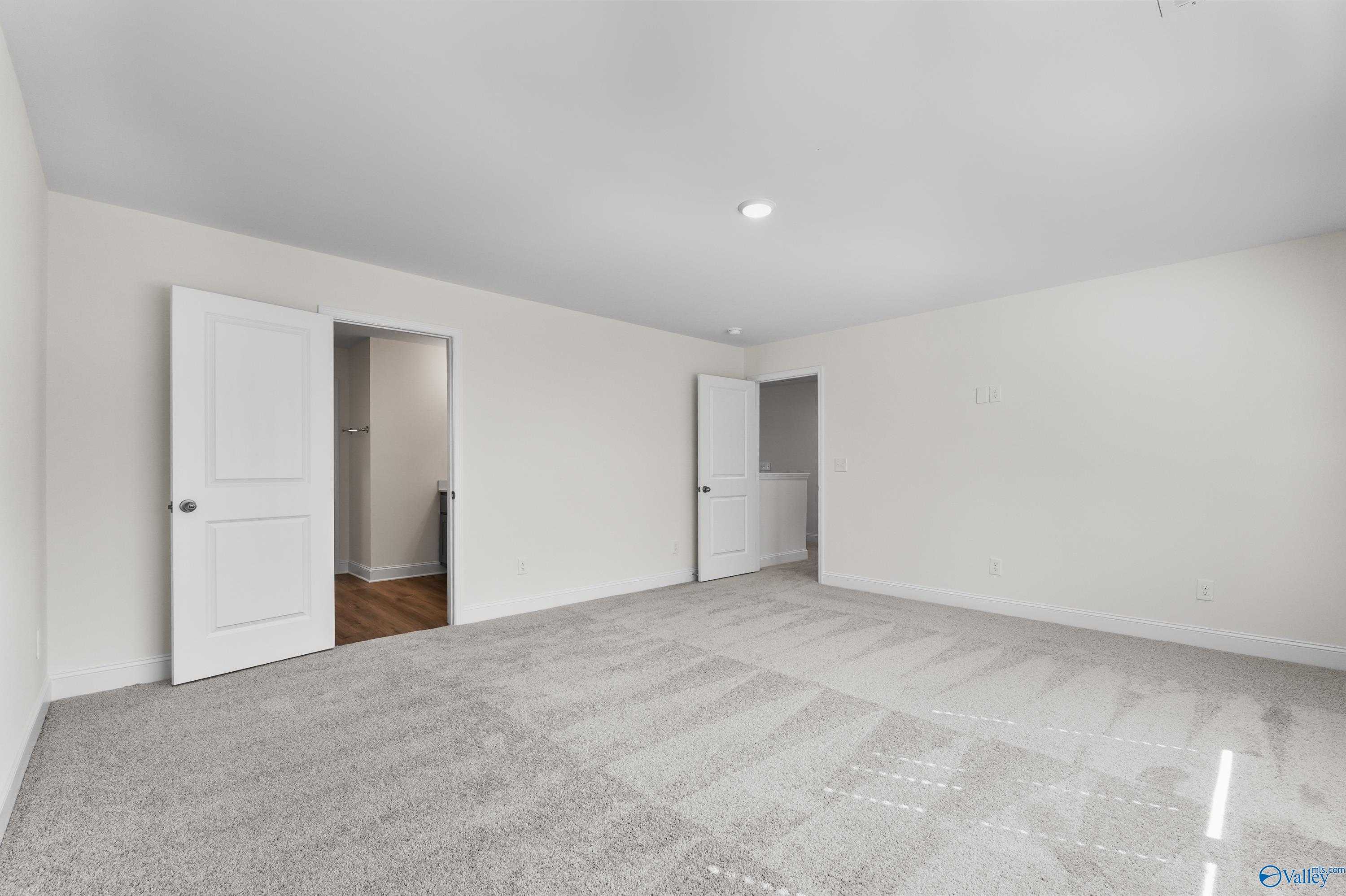 Spacious bedroom with open doors to adjacent bathrooms and vanities in Davidson Homes The Shelby A, Athens, Alabama