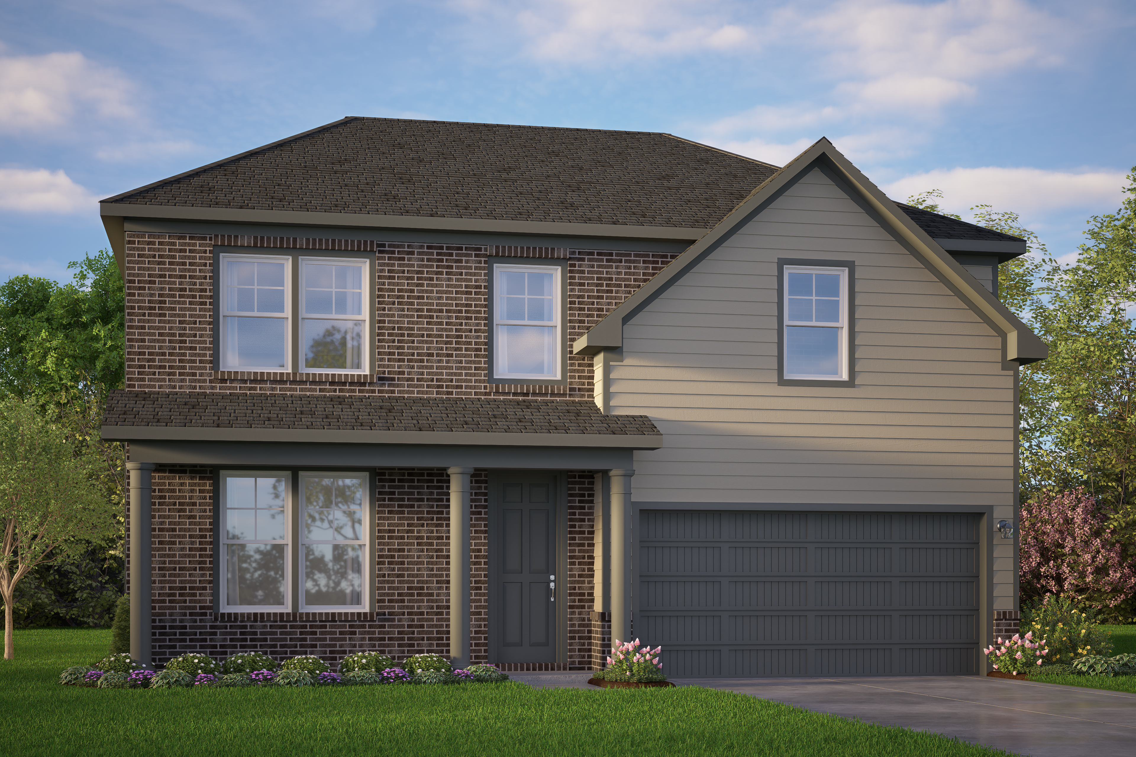 Two-story Murray home elevation by Davidson Homes with brick siding, 2-car garage, front porch, and landscaped yard in San Antonio