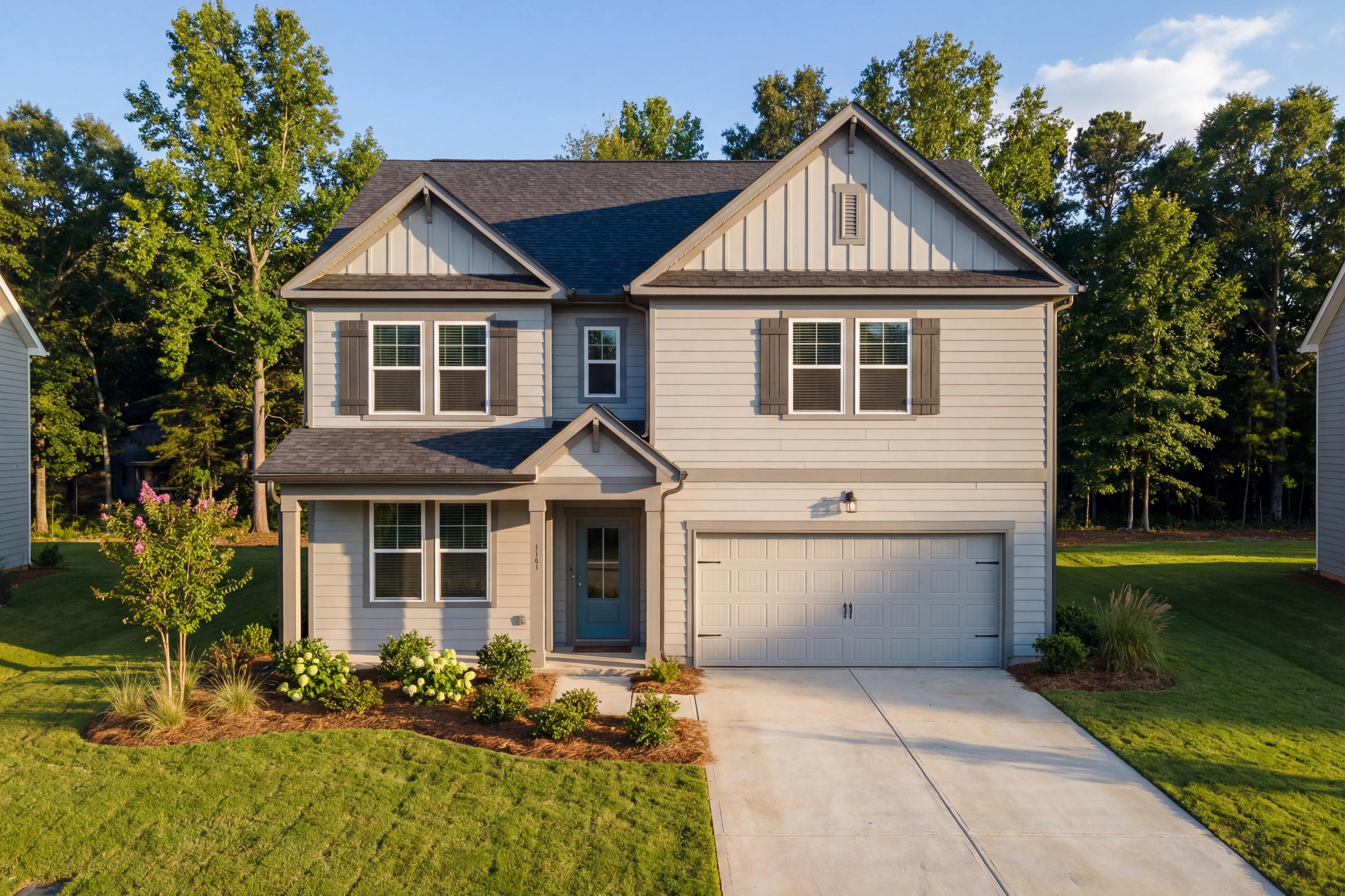 Two-story Beech A home design by Davidson Homes in Toney, AL featuring a spacious driveway and brick and cement exterior.