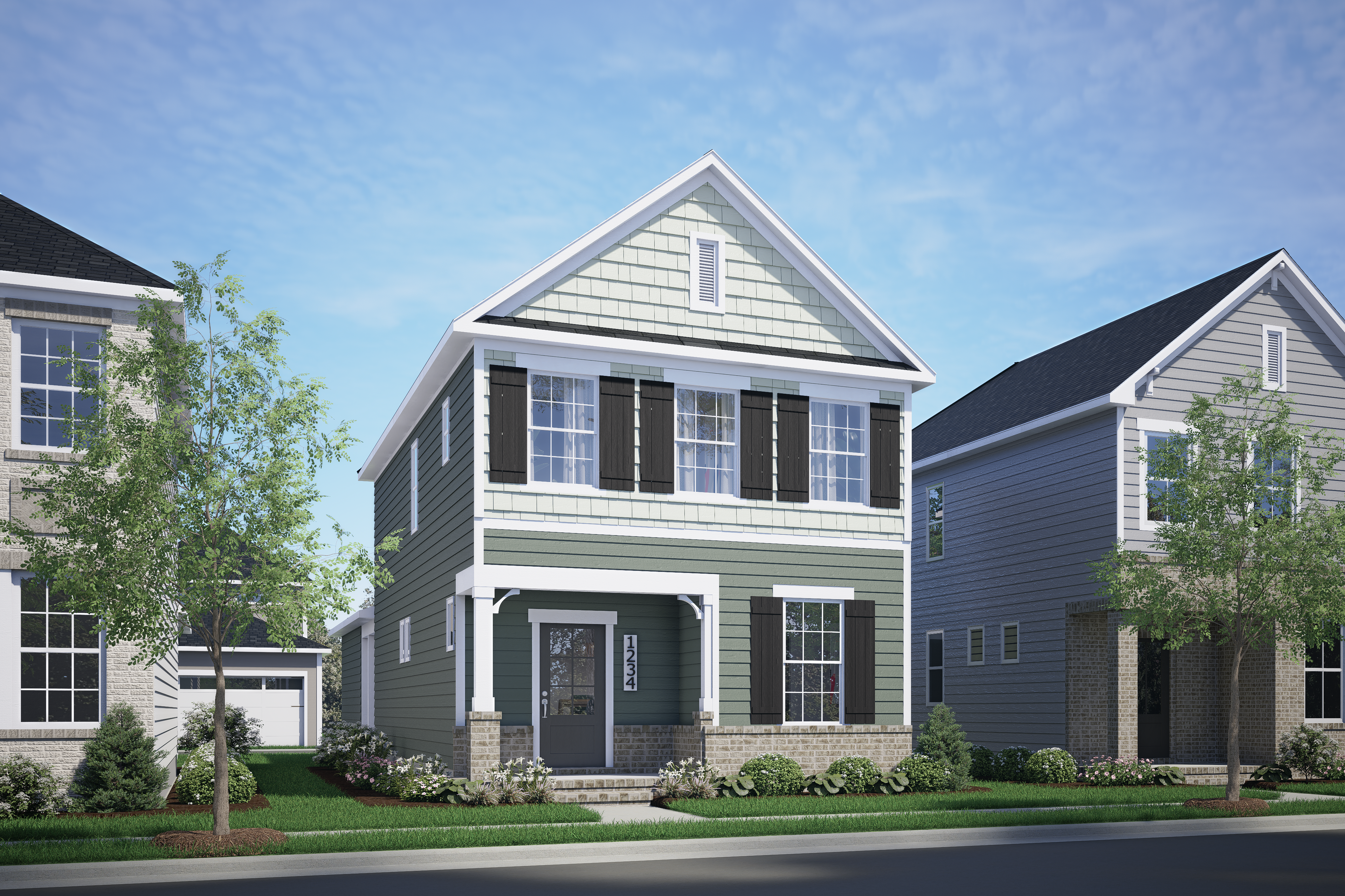 Two-story The Burke D elevation with sage green siding, white trim, black shutters, and covered porch amid neighborhood homes