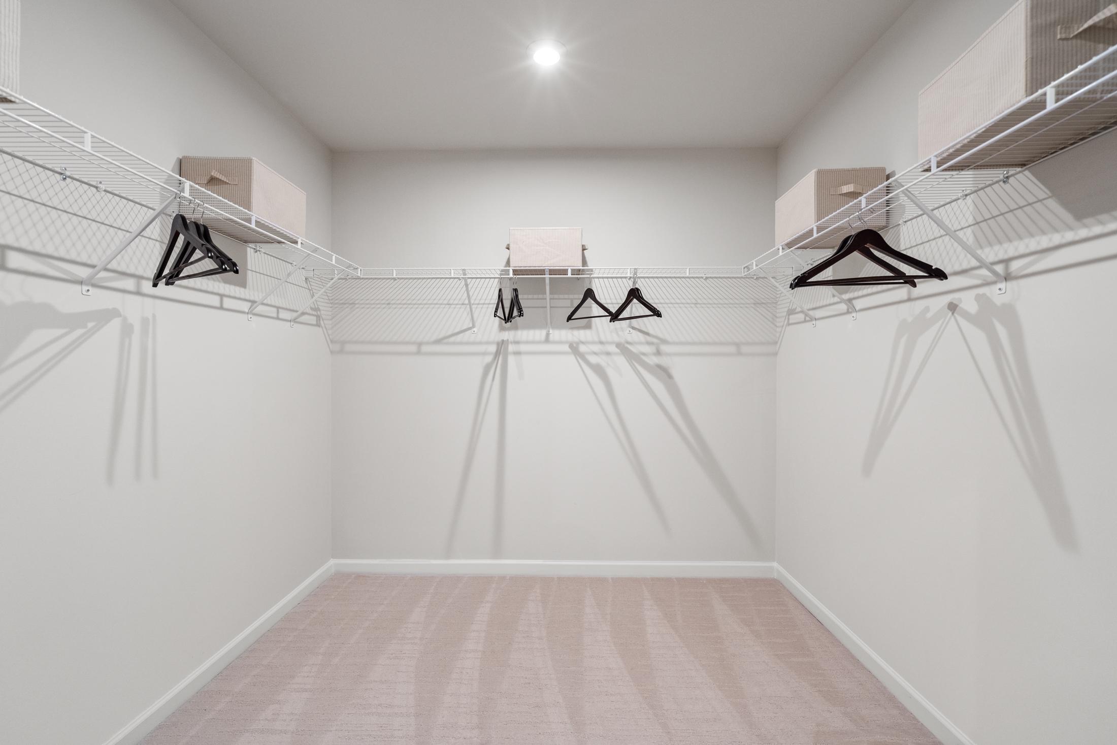 Spacious walk-in closet in The Marion A by Davidson Homes featuring wire shelving, hanging rods, and beige carpet