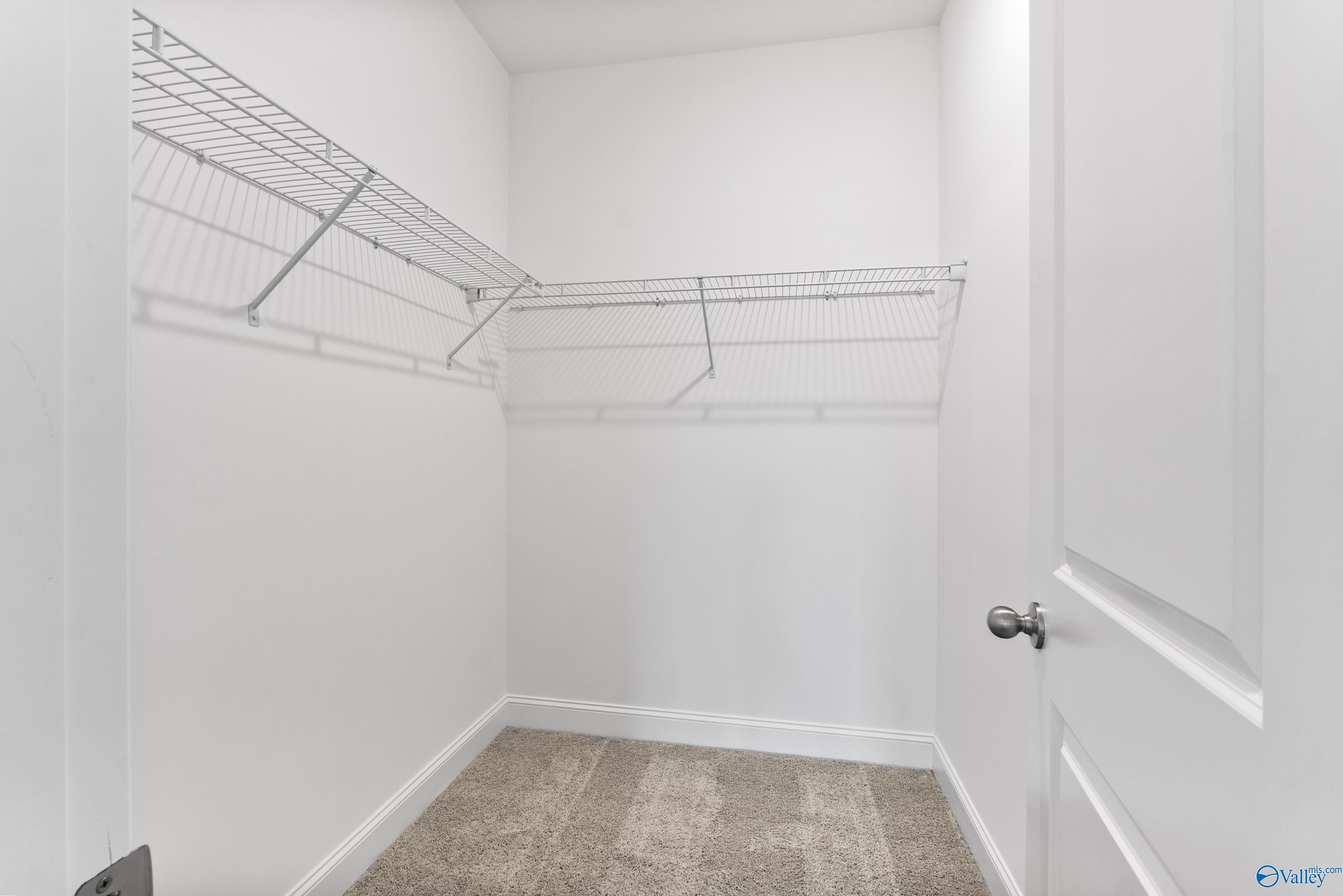 Spacious walk-in closet with wire shelving and hanging rods in Davidson Homes The Asheville C, New Market, Alabama