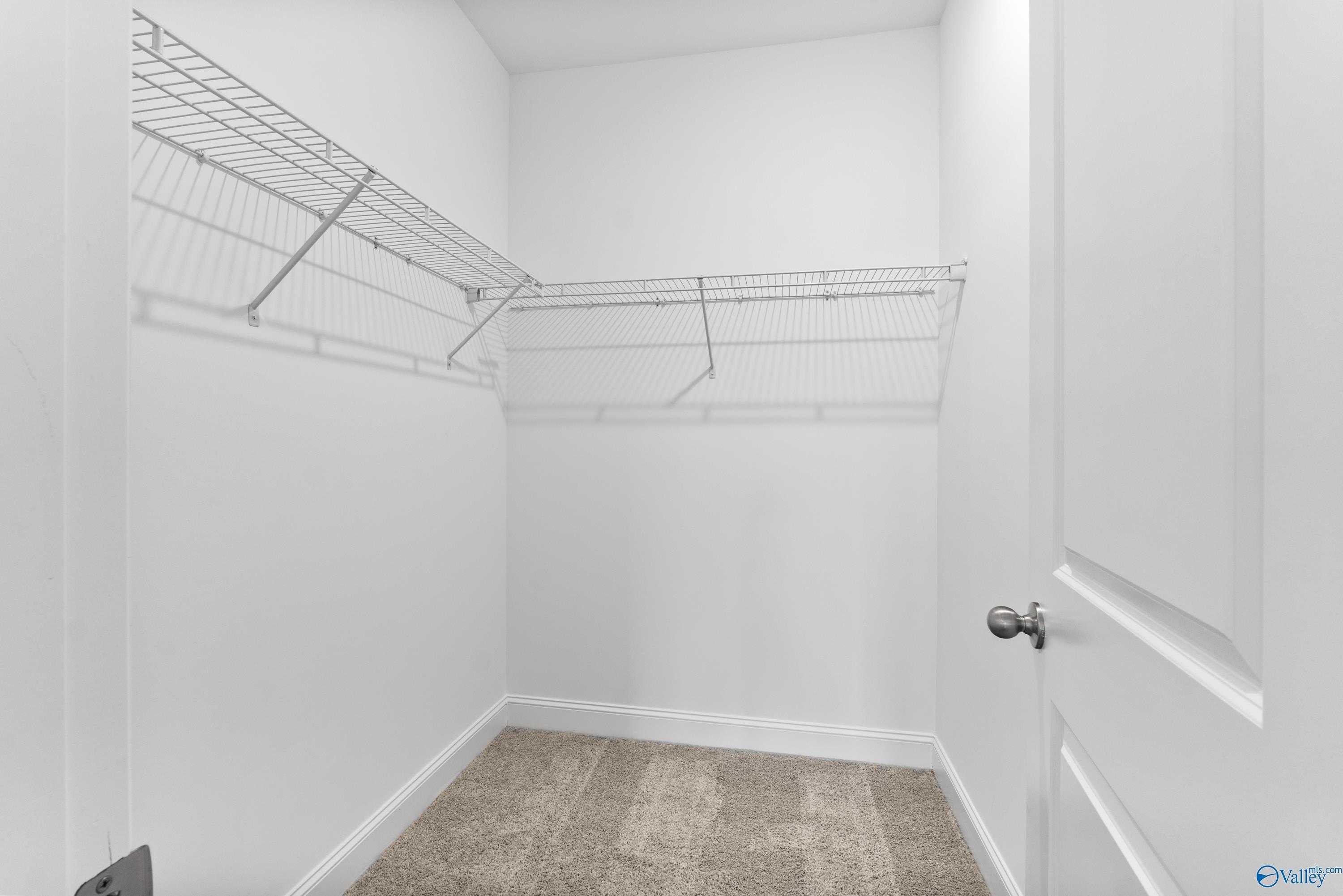 Spacious walk-in closet with wire shelving and hanging rods in Davidson Homes The Asheville C, New Market, Alabama