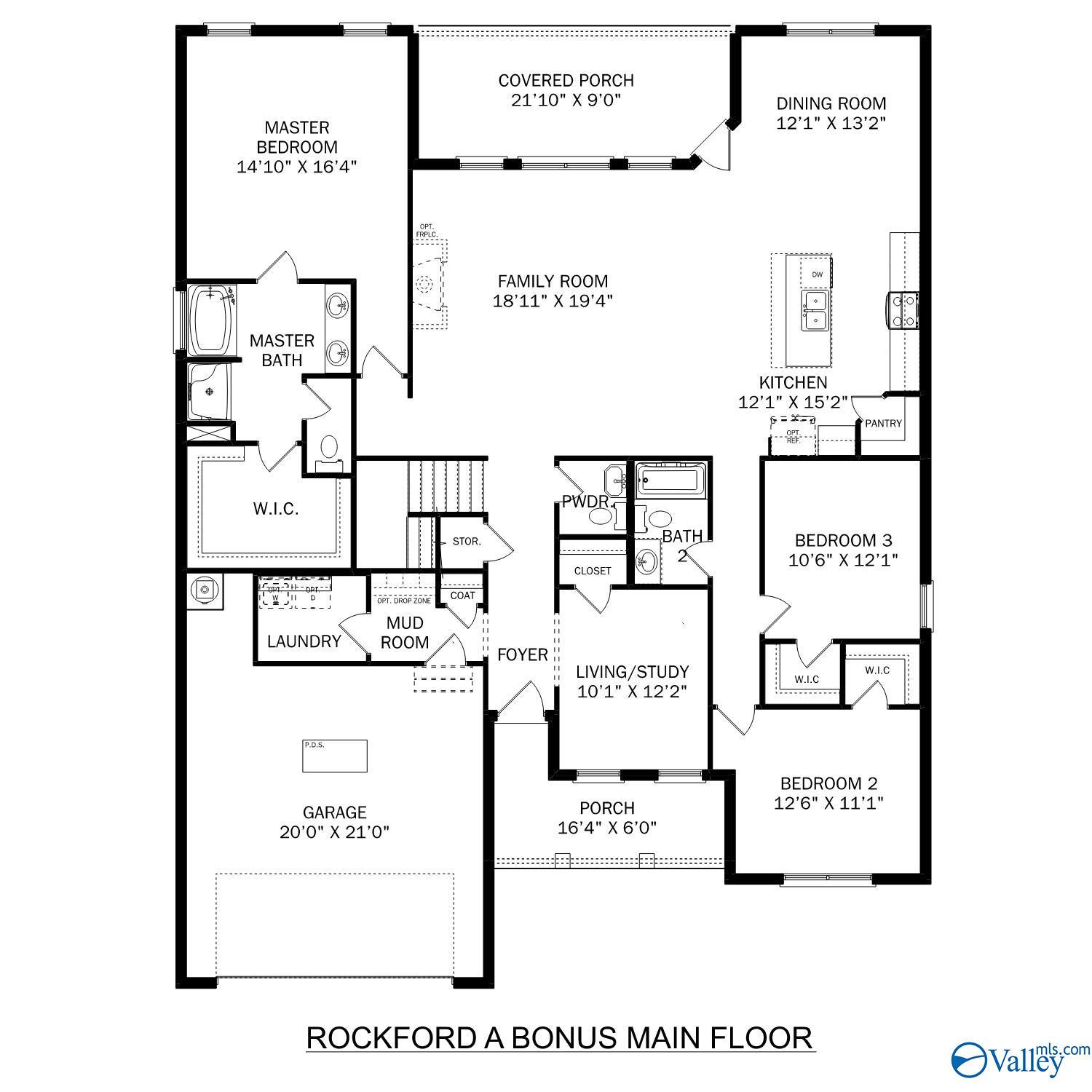 Detailed floor plan of The Rockford with Bonus: 4-bed, 3.5-bath, 2,904 sq ft home with master suite, open kitchen, 2-car garage in Madison, AL
