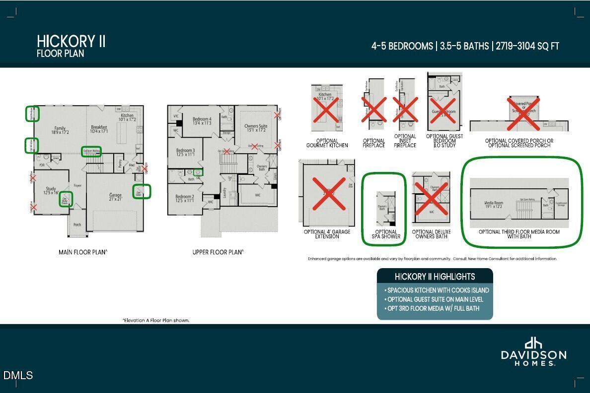 Hickory II floor plan with main and upper levels for 4-5 bedroom Davidson Homes in Wellers Knoll, Lillington, NC