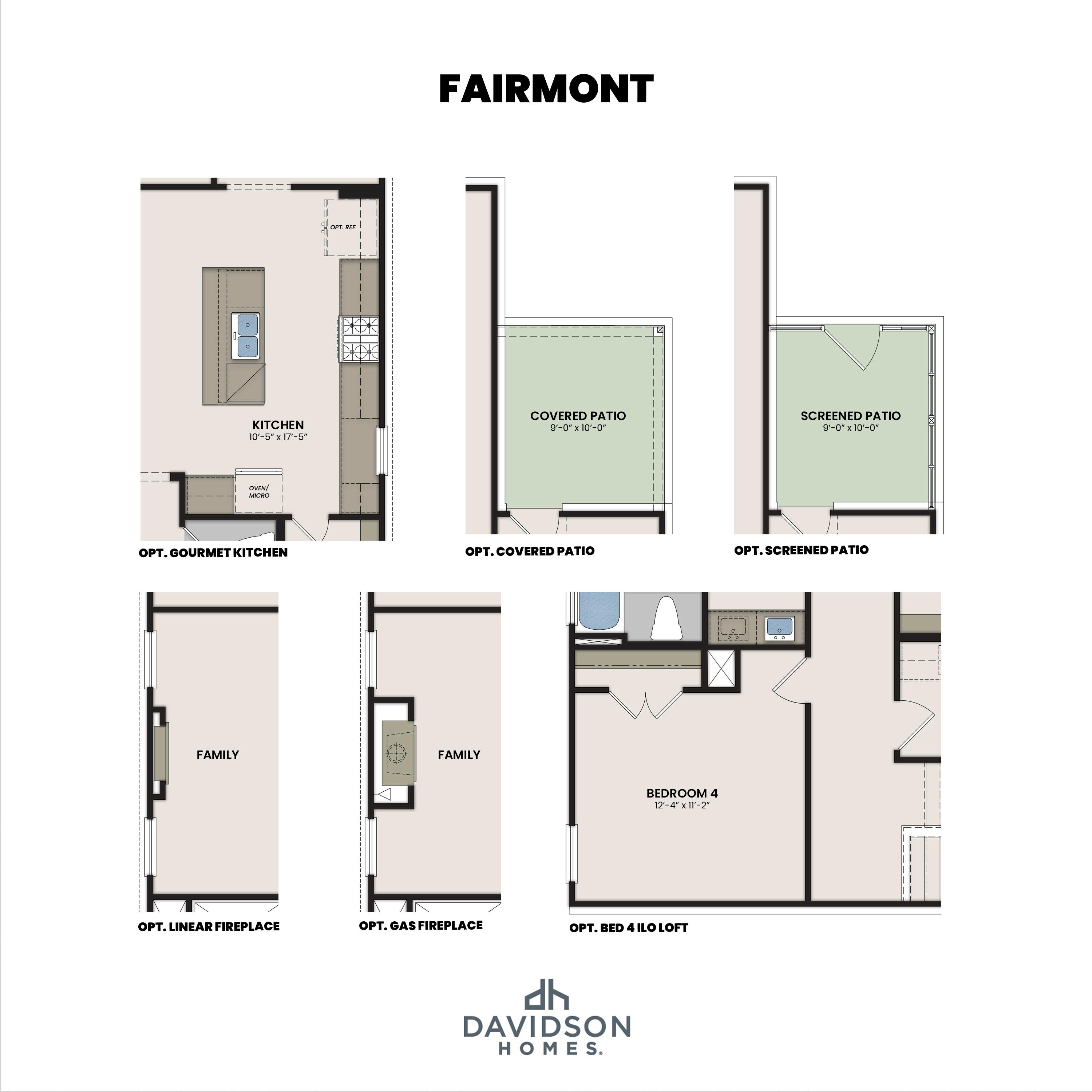 Optional floor plan features for The Fairmont by Davidson Homes, including gourmet kitchen, patios, fireplaces, and bedroom 4.