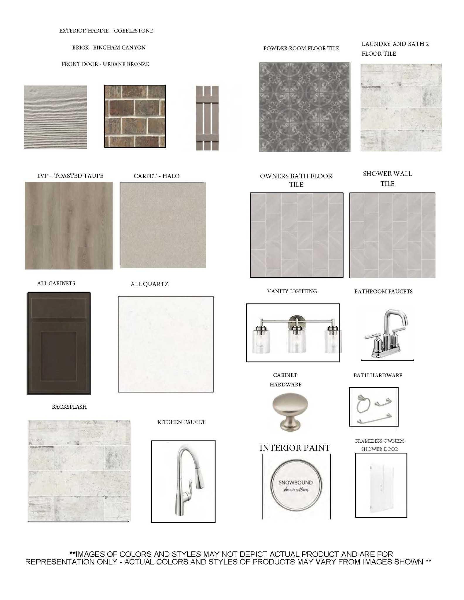 Material selection board with brick, tile, carpet, quartz, and hardware samples for Davidson Homes The Willow C in Gallatin, TN