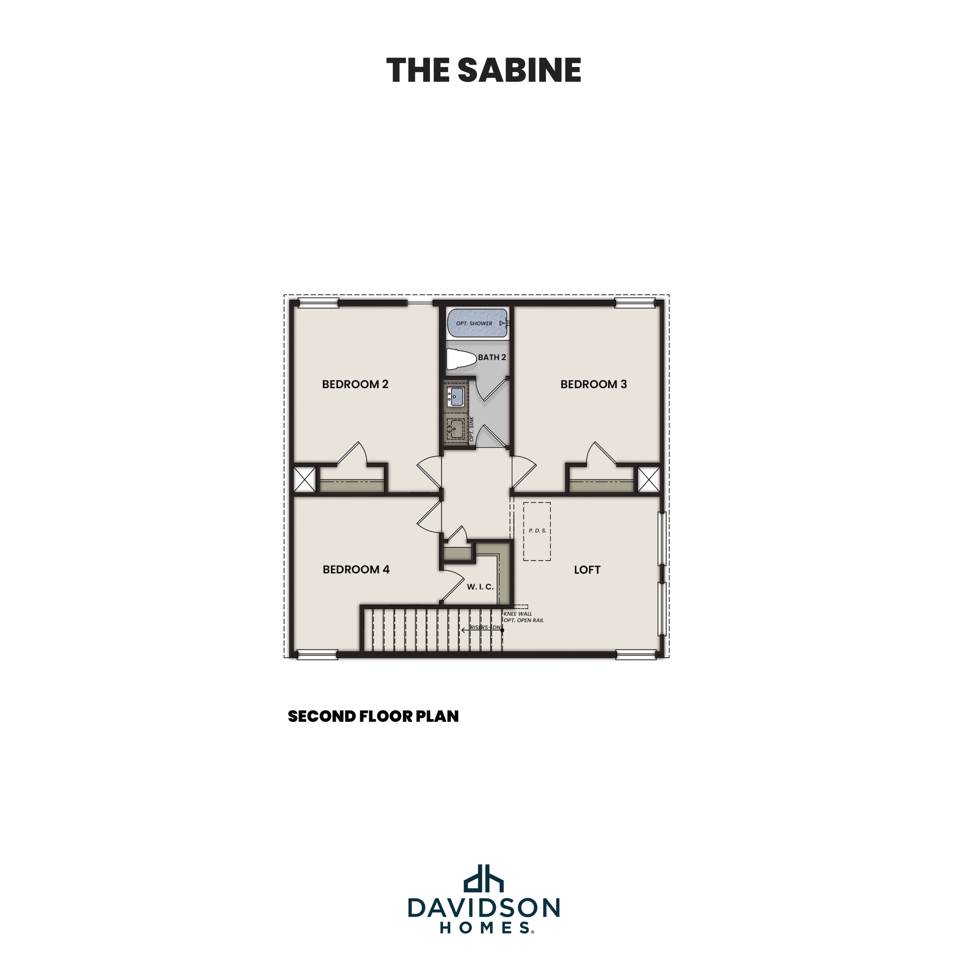 Second floor plan of The Sabine showcasing bedrooms 2-3, bath, loft, study flex, mechanical room, stairs