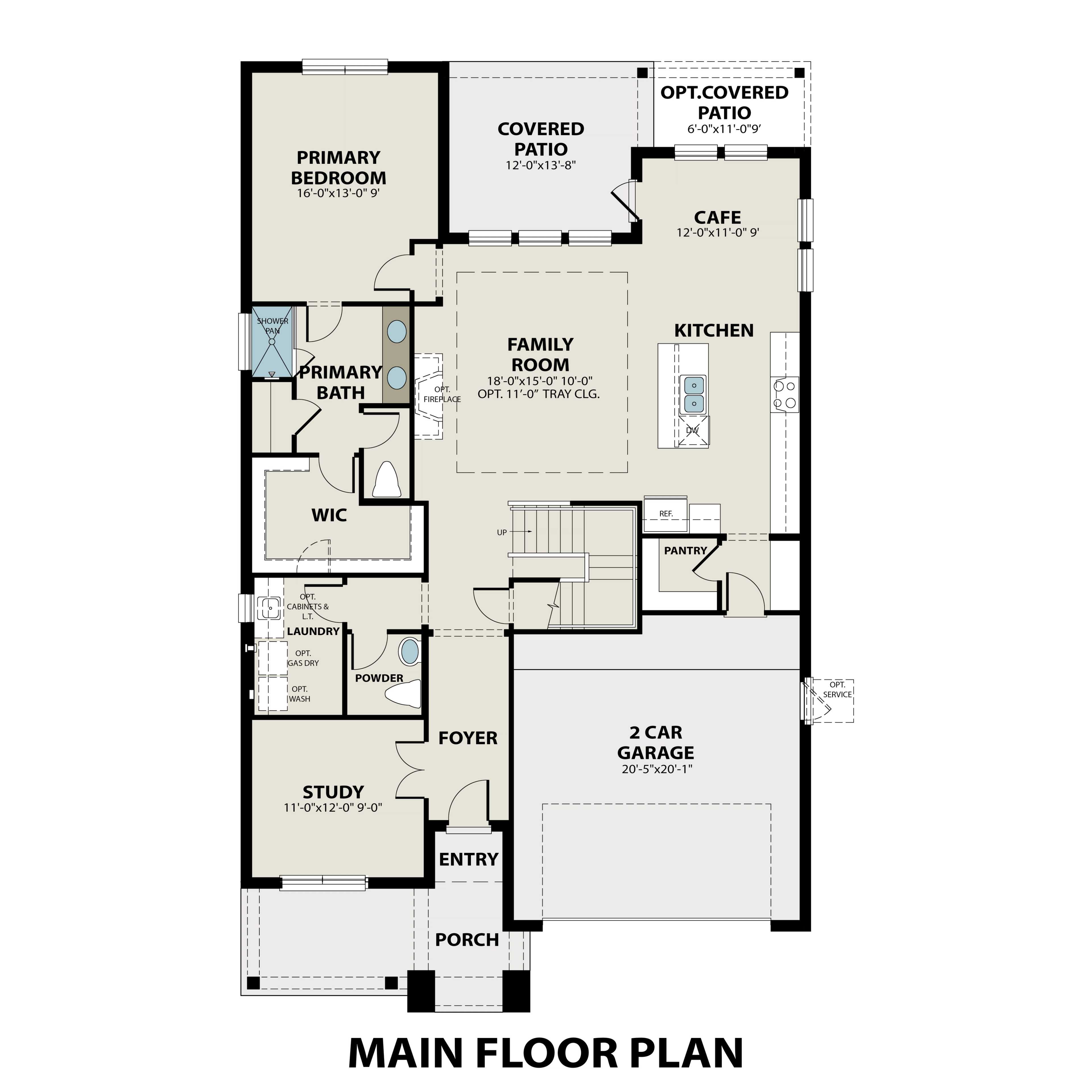 First floor plan of The Sequoia O showcasing master suite, open kitchen-family room, study, 2-car garage, and covered patio