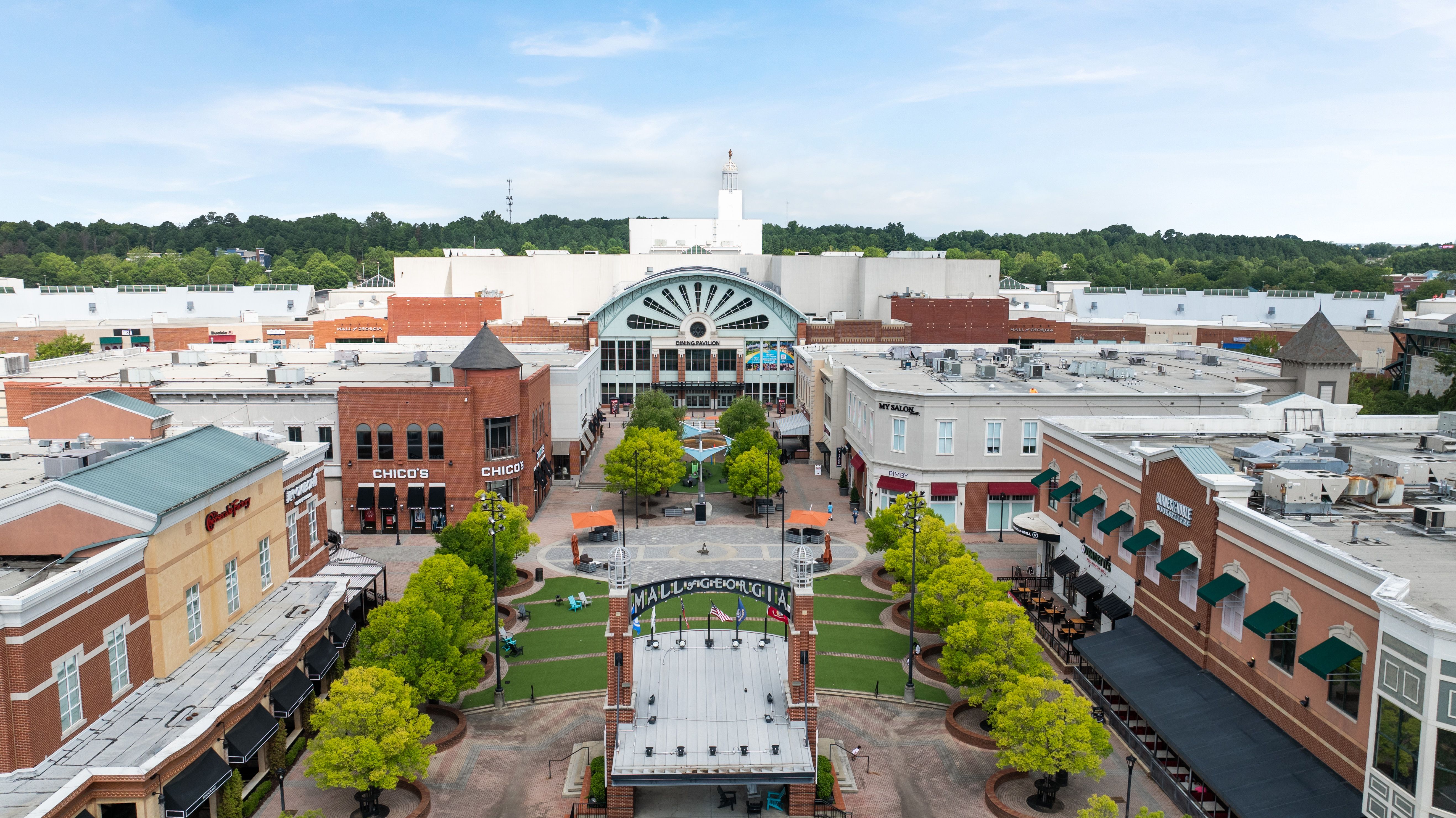Aerial view of the Mall of Georgia near The Grove at East Thompson in Buford, GA, featuring the outdoor village area.