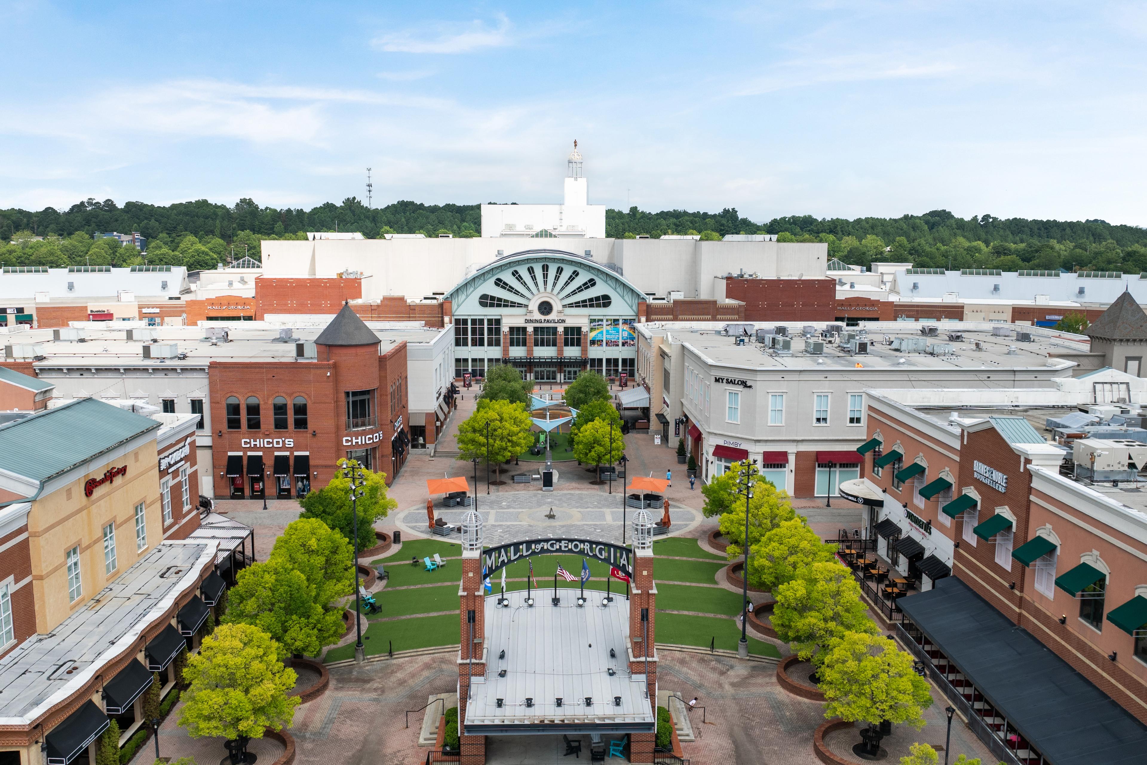 Aerial view of the Mall of Georgia near The Grove at East Thompson in Buford, GA, featuring the outdoor village area.