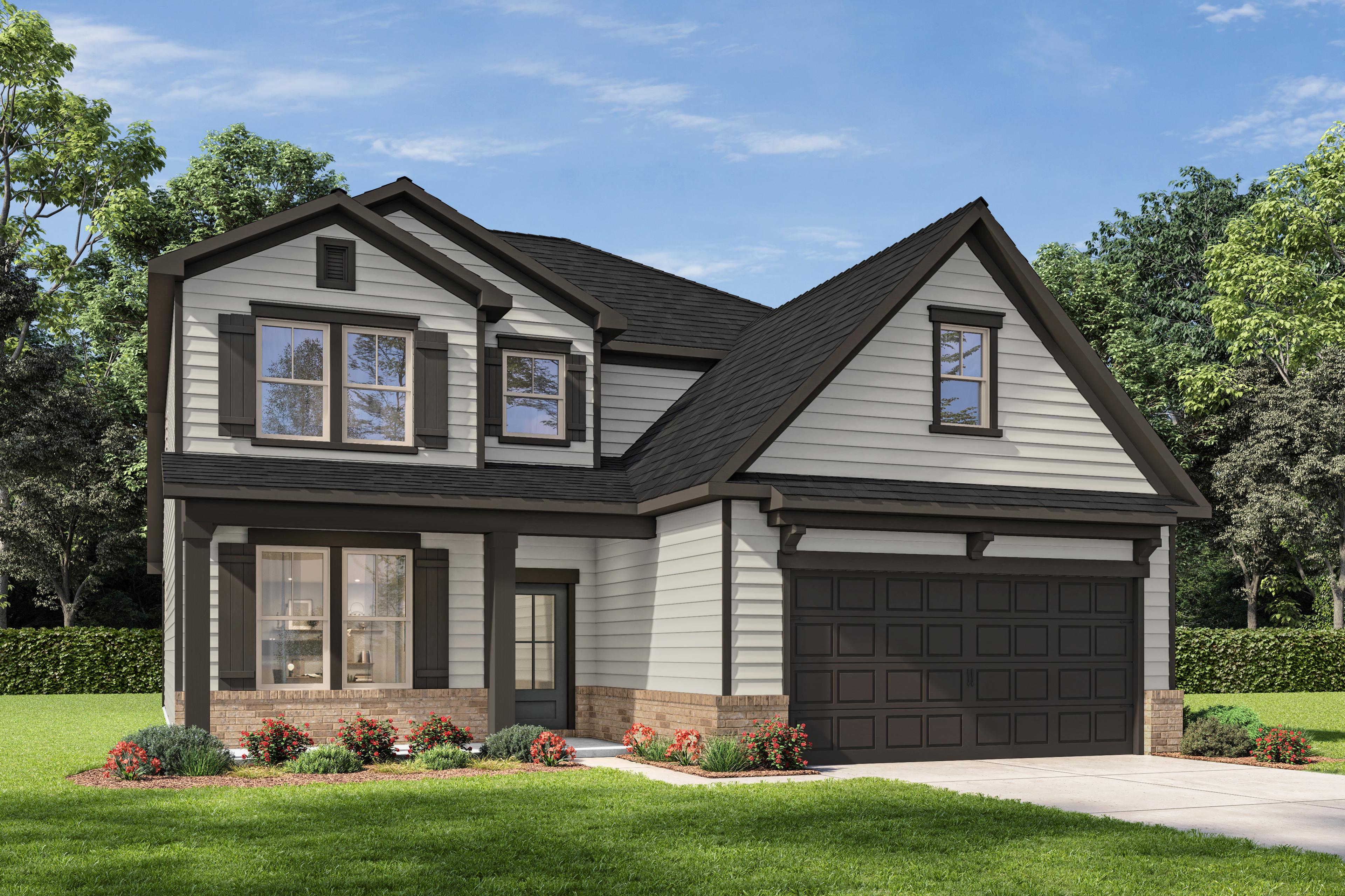 Two-story The Cedar E home elevation featuring brick base, siding exterior, dark two-car garage, and landscaped yard in San Antonio