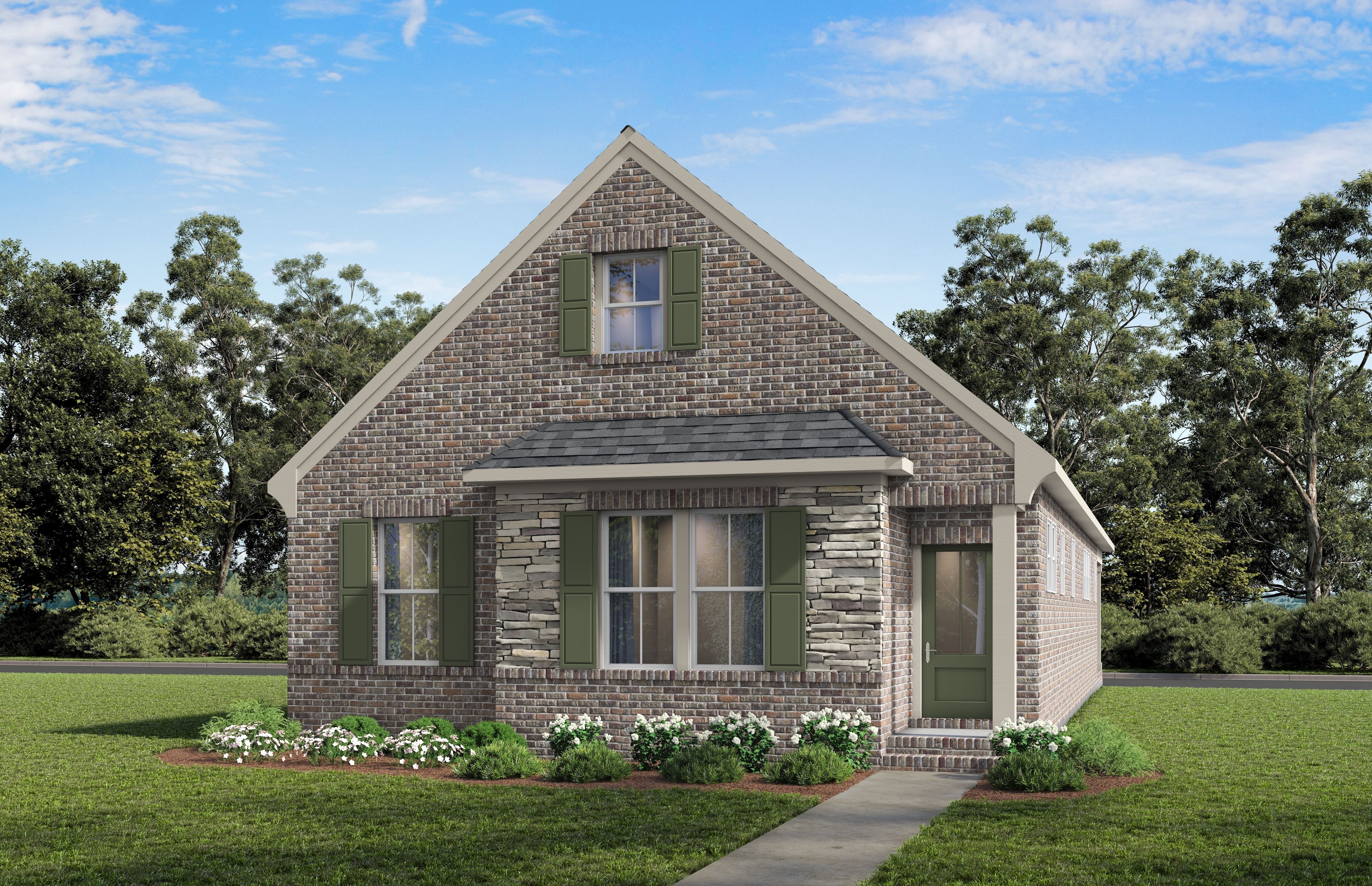 Front elevation of The Elkmont by Davidson Homes showcasing brick and stone exterior with green shutters in Mt. Juliet, TN