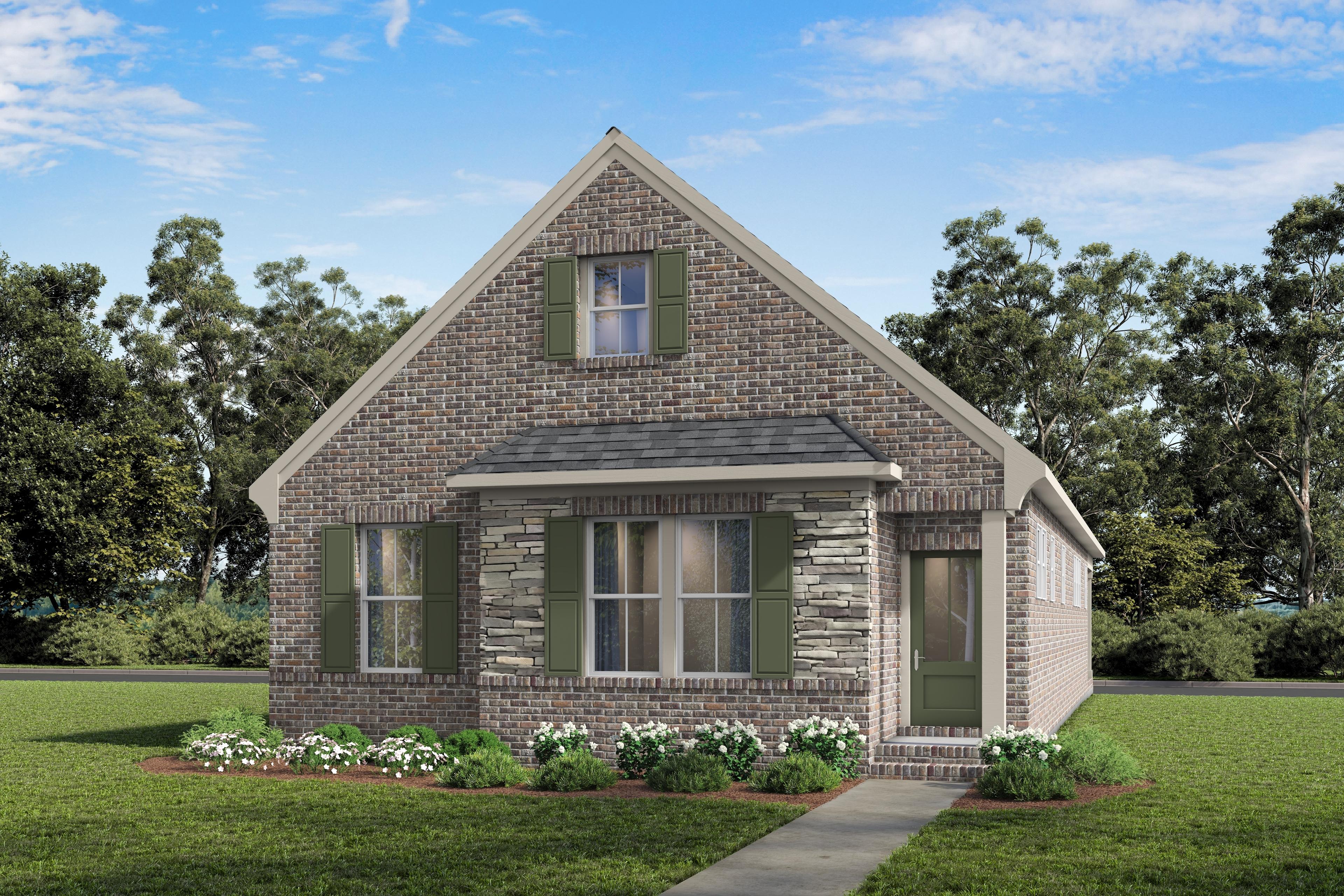 Front elevation of The Elkmont by Davidson Homes showcasing brick and stone exterior with green shutters in Mt. Juliet, TN