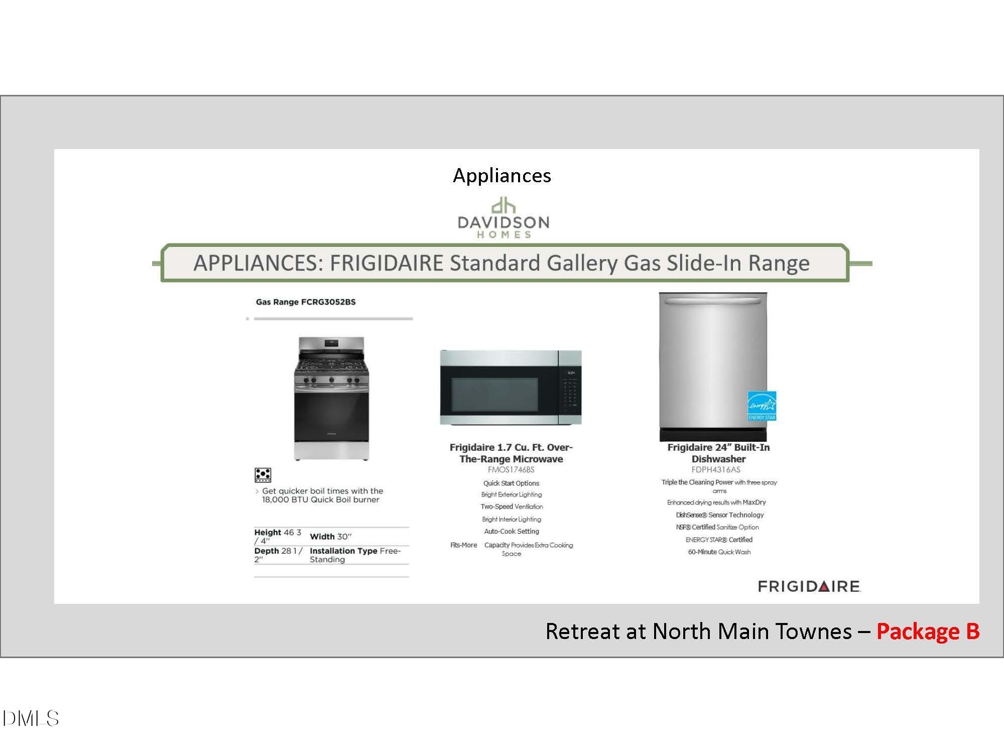 Frigidaire Gallery stainless steel gas range, microwave, and dishwasher included in Davidson Homes at Townes at North Main.
