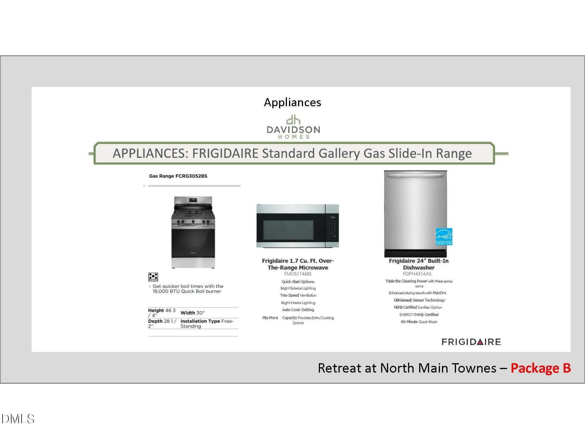 Frigidaire Gallery stainless steel gas range, microwave, and dishwasher included in Davidson Homes at Townes at North Main.