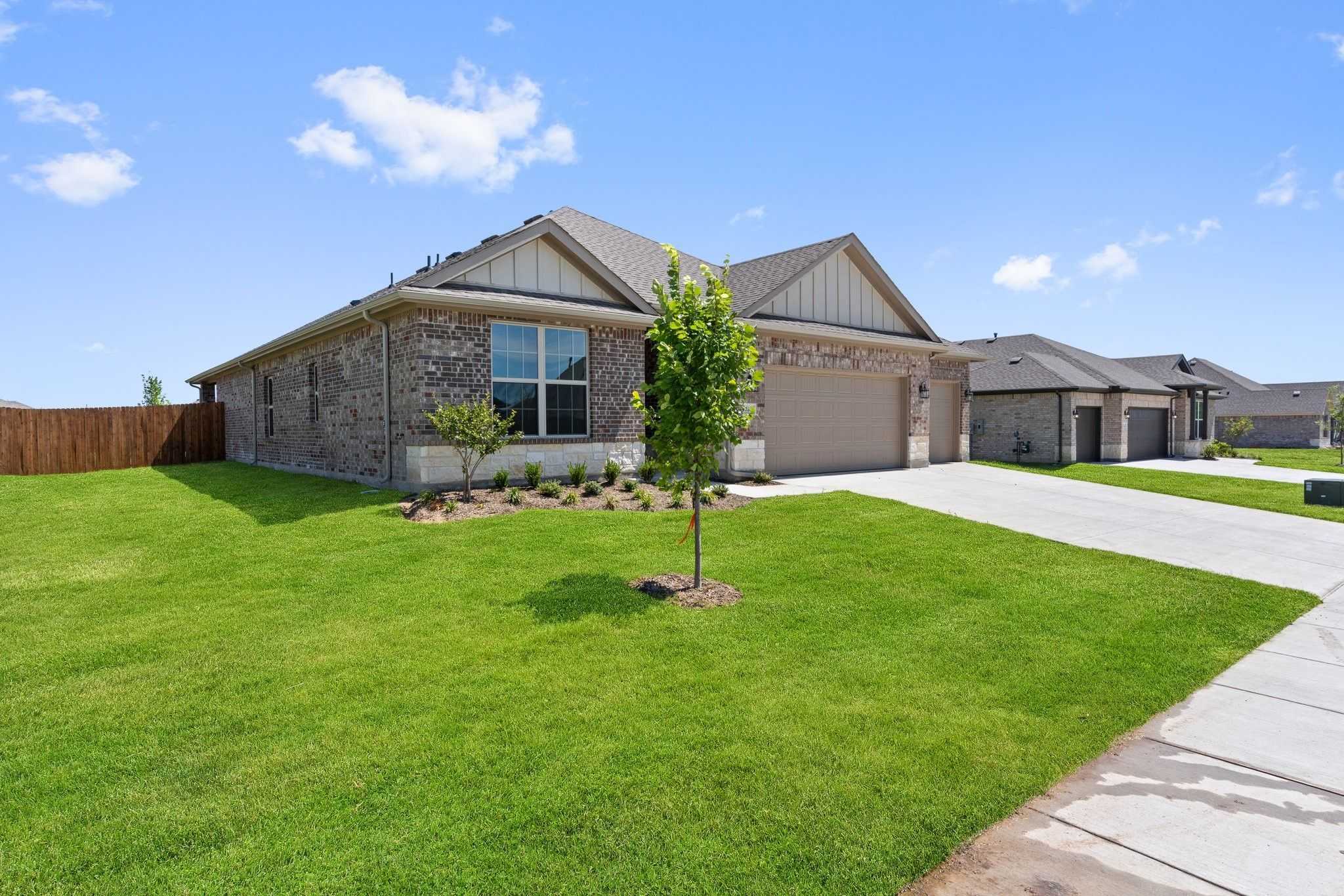 Modern single-story brick home with 3-car garage, green lawn, and young tree in Waverly Estates, Josephine, Texas