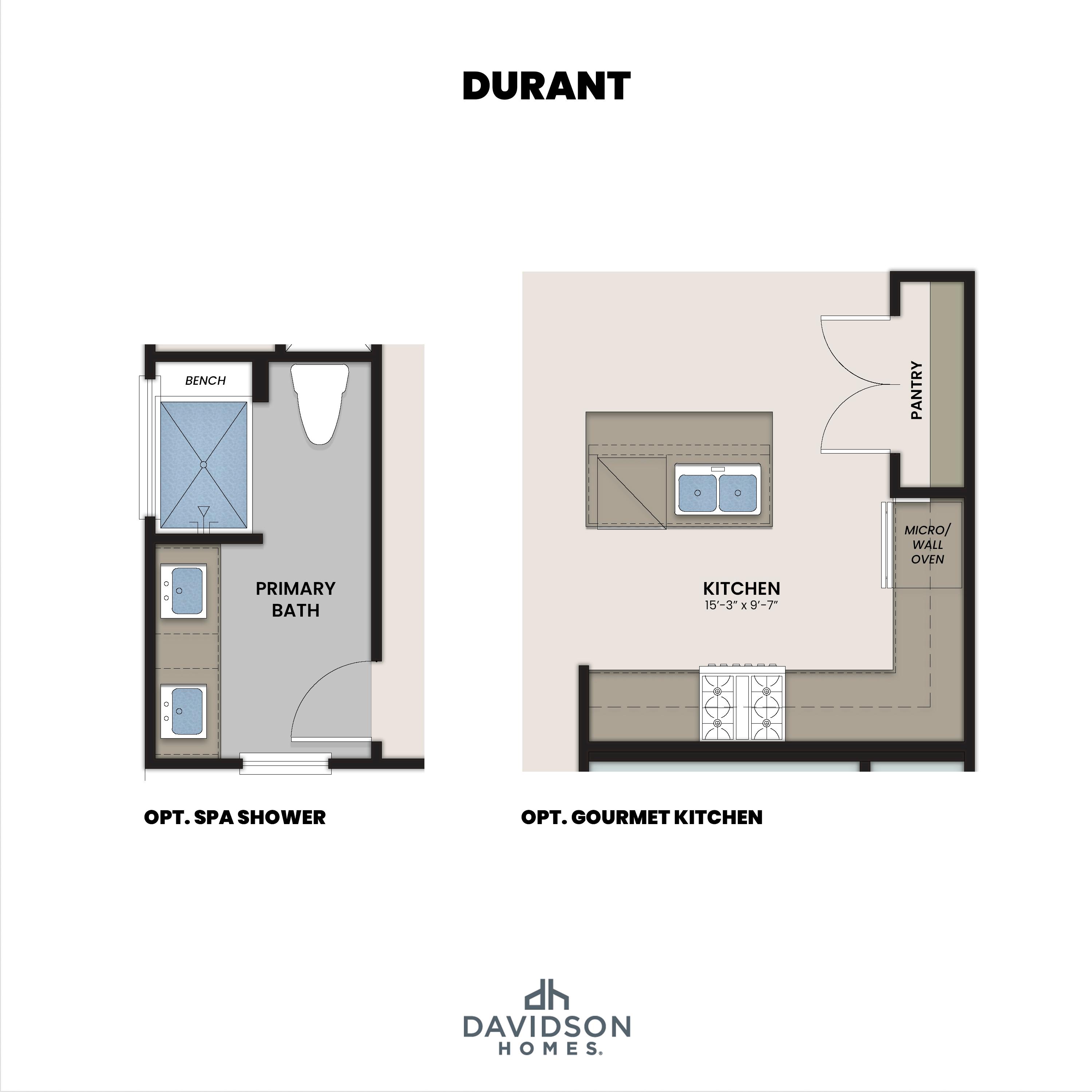 Optional gourmet kitchen floor plan for The Durant, featuring a spacious layout, wall oven, and built-in shelving.