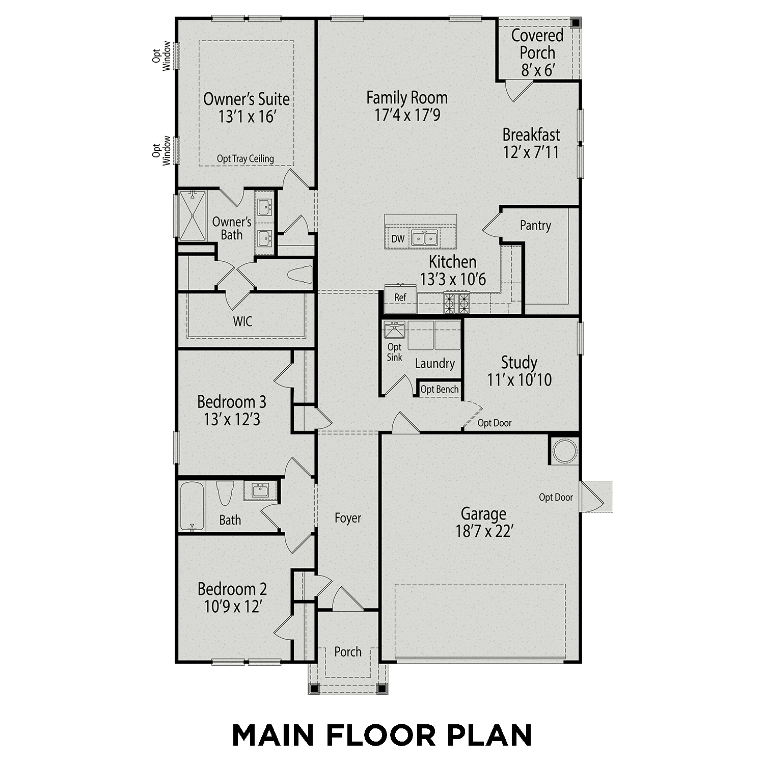 The Daphne C main floor plan by Davidson Homes: owner's suite, open kitchen-family room, 3-4 bedrooms, 2-car garage in Lillington NC