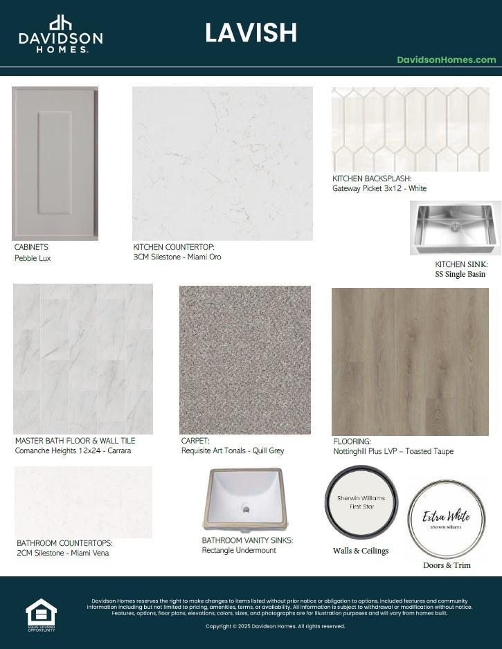 Interior finishes for Davidson Homes Blanco F: white shaker cabinets, hexagon tile kitchen backsplash, luxury vinyl plank flooring in Conroe Texas 4-bedroom home